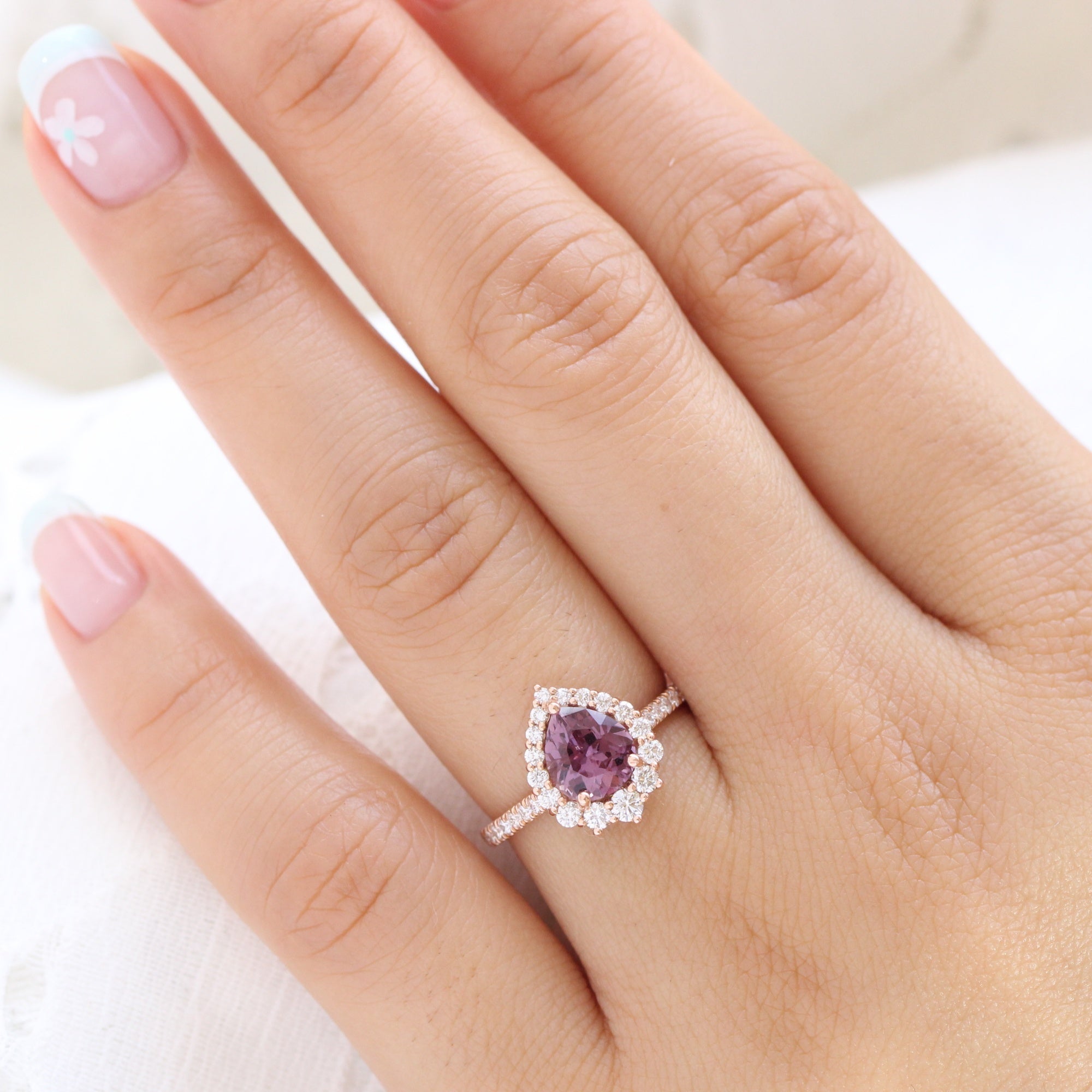 pear pink purple sapphire ring rose gold halo diamond ring pave diamond band la more design jewelry