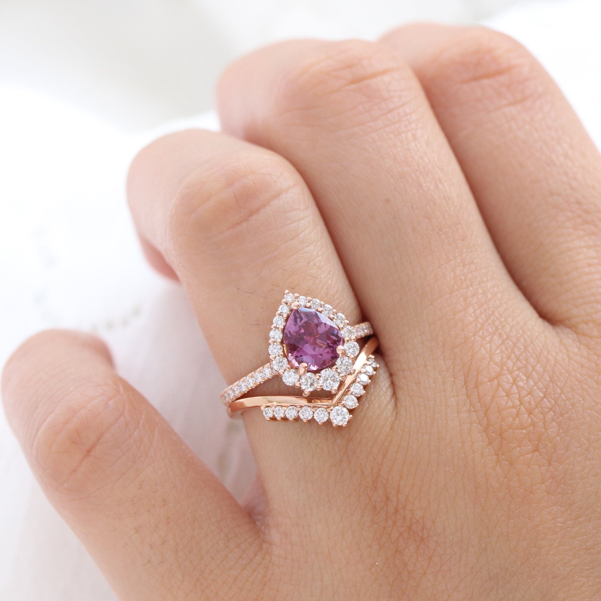 pear pink purple sapphire ring rose gold halo diamond ring pave diamond band la more design jewelry