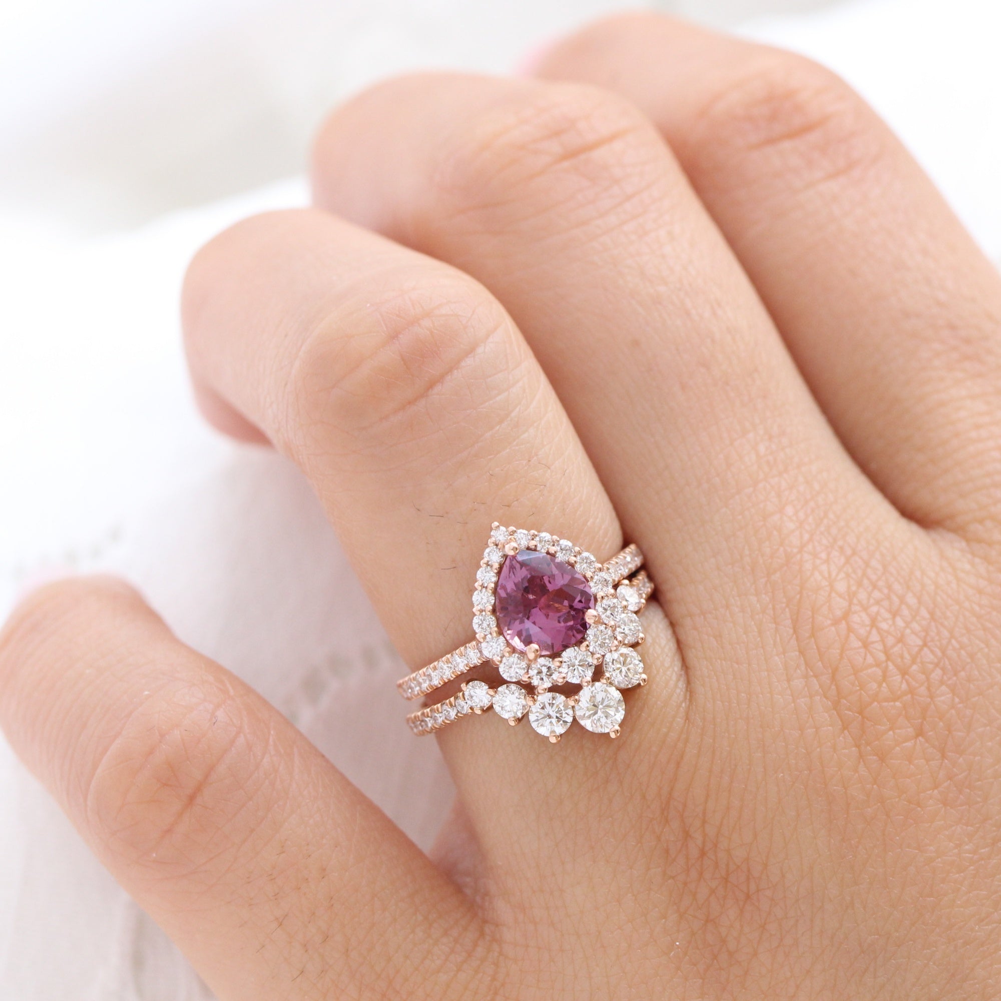 pear pink purple sapphire ring rose gold halo diamond ring pave diamond band la more design jewelry
