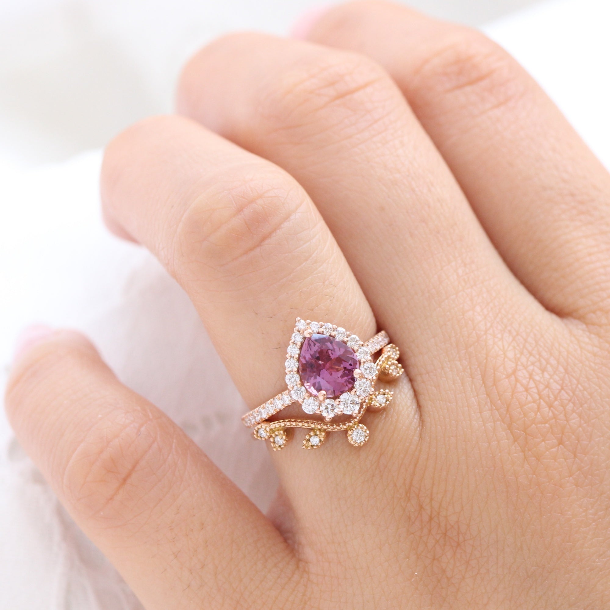 pear pink purple sapphire ring rose gold halo diamond ring pave diamond band la more design jewelry