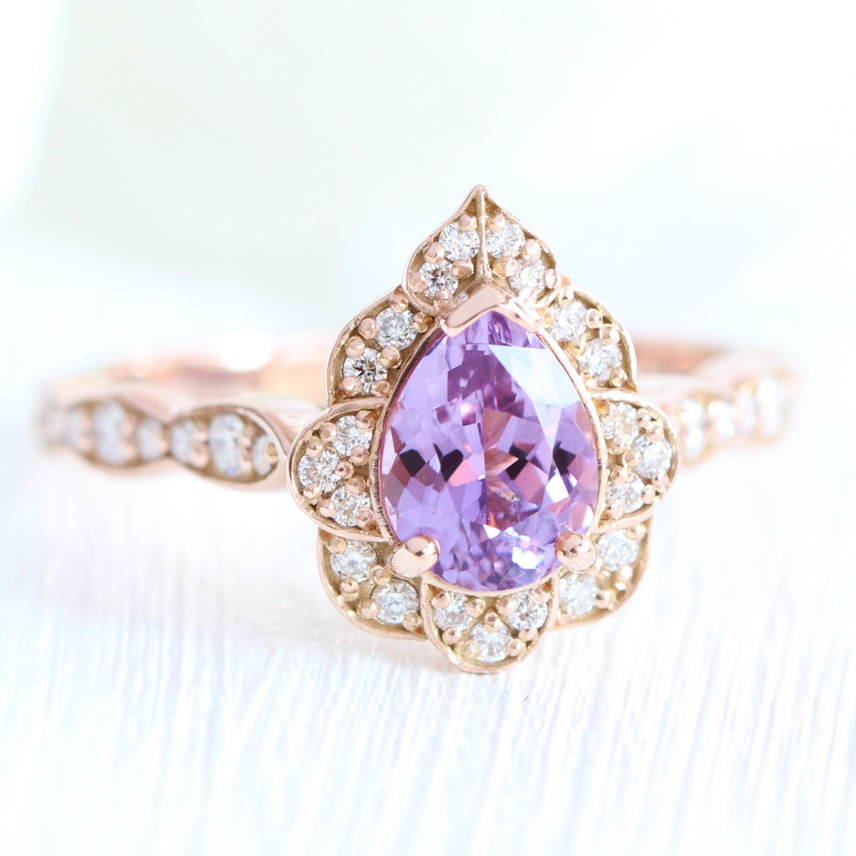 pear purple lavender sapphire ring rose gold vintage halo diamond ring la more design jewelry