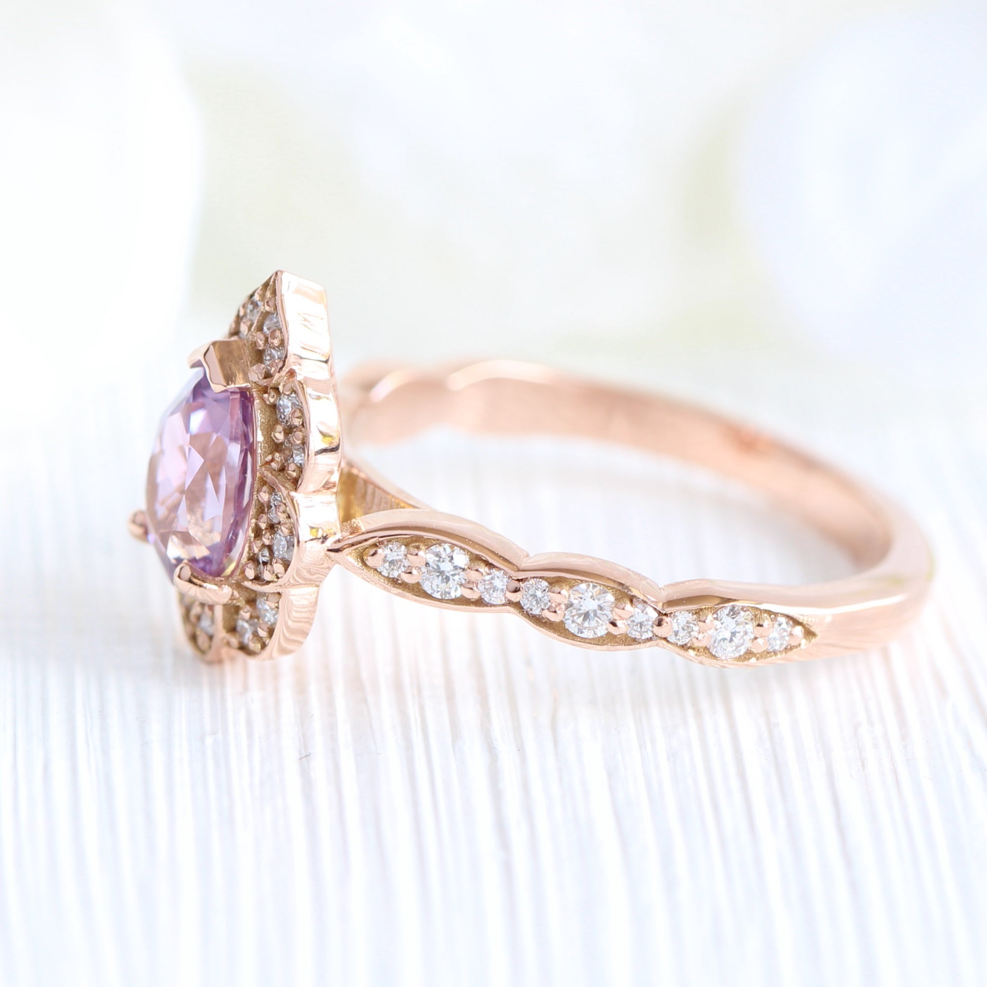 pear purple lavender sapphire ring rose gold vintage halo diamond ring la more design jewelry