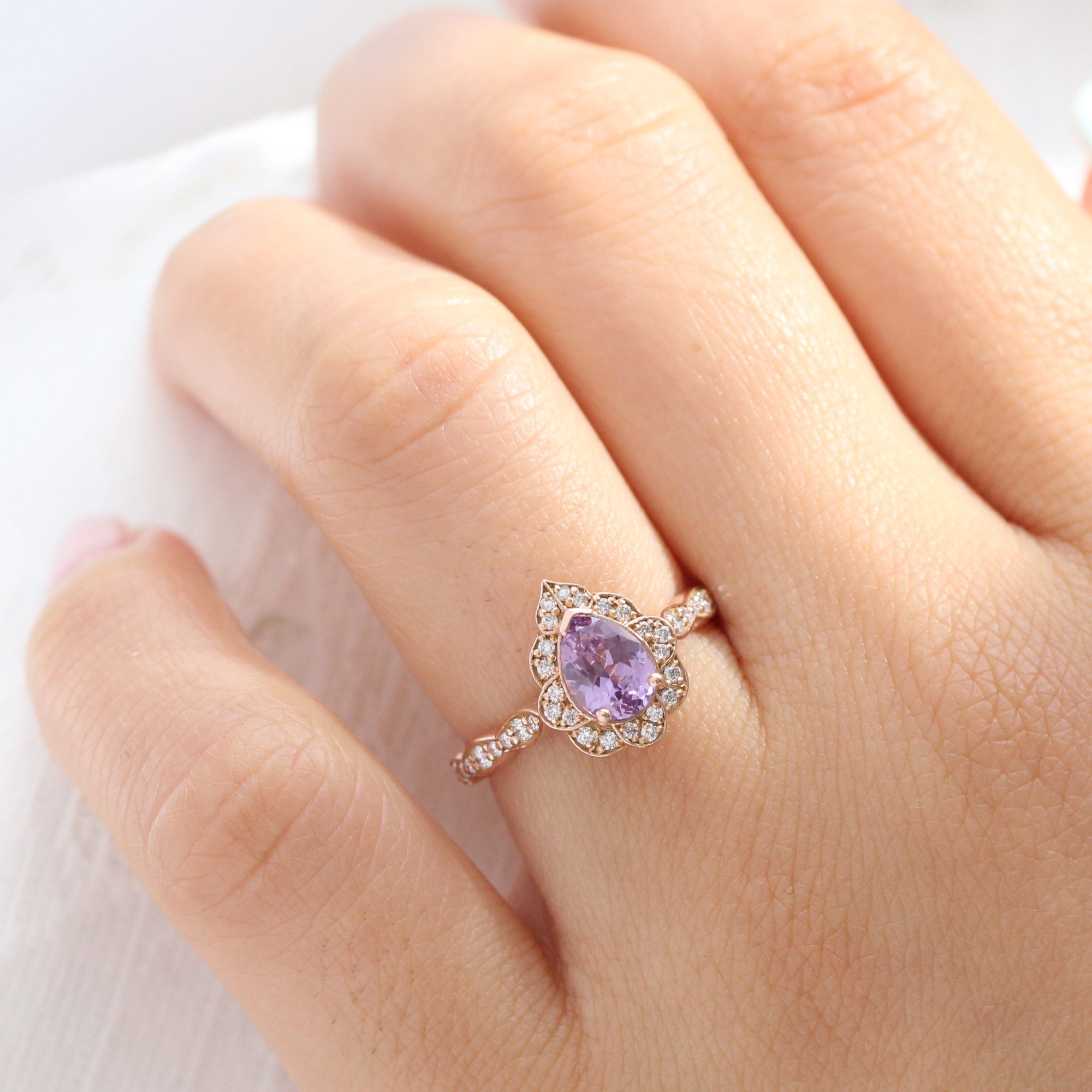 pear purple lavender sapphire ring rose gold vintage halo diamond ring la more design jewelry