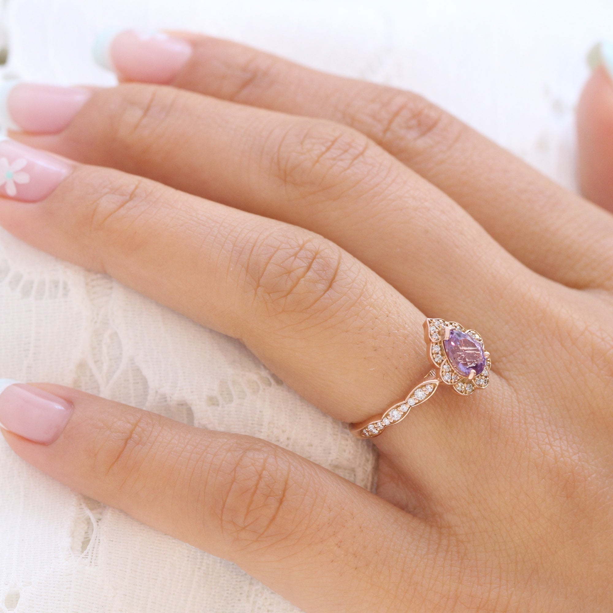 pear purple lavender sapphire ring rose gold vintage halo diamond ring la more design jewelry