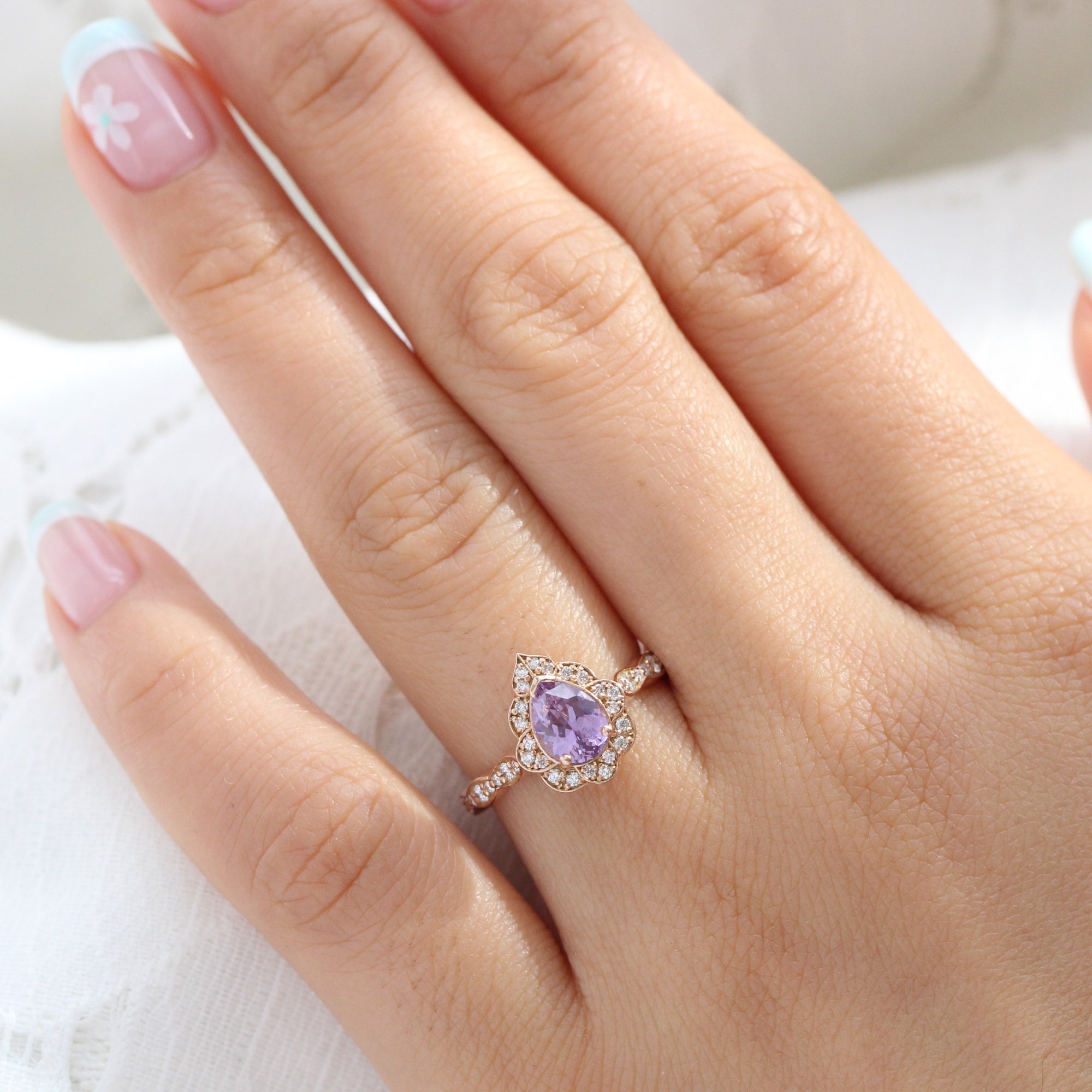 pear purple lavender sapphire ring rose gold vintage halo diamond ring la more design jewelry
