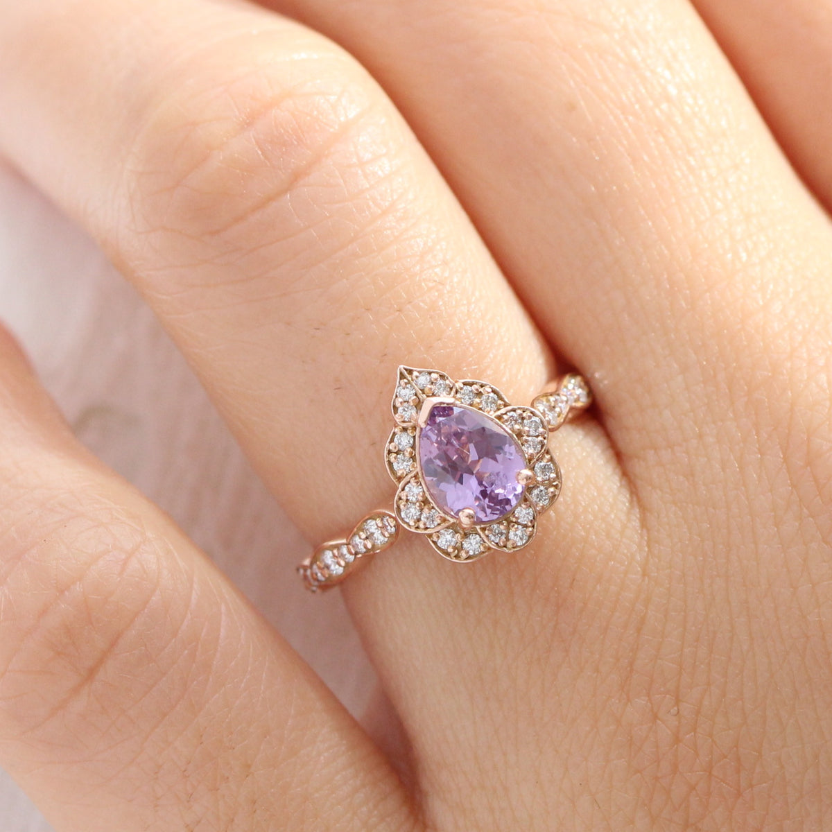 pear purple lavender sapphire ring rose gold vintage halo diamond ring la more design jewelry