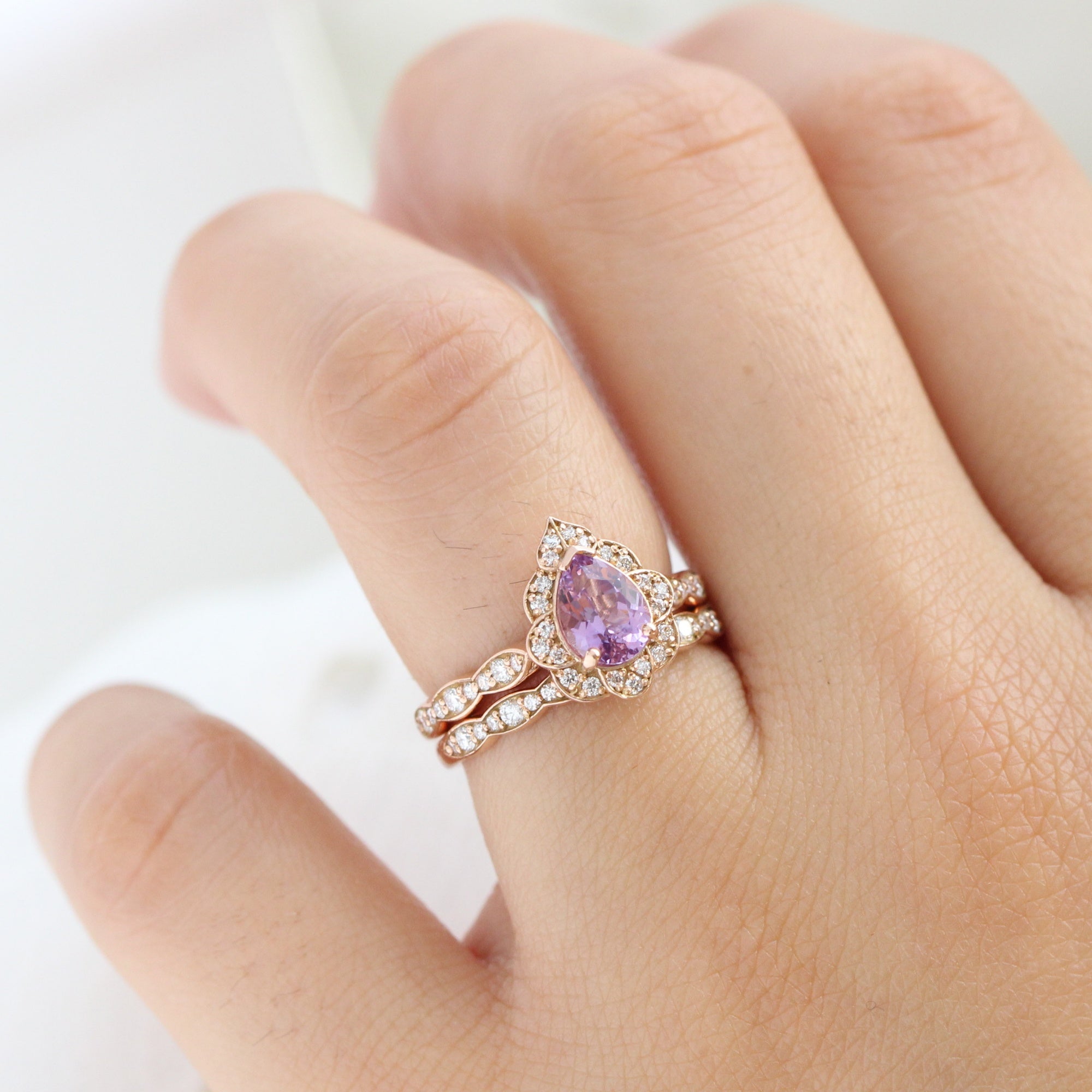 pear purple lavender sapphire ring rose gold vintage halo diamond ring la more design jewelry