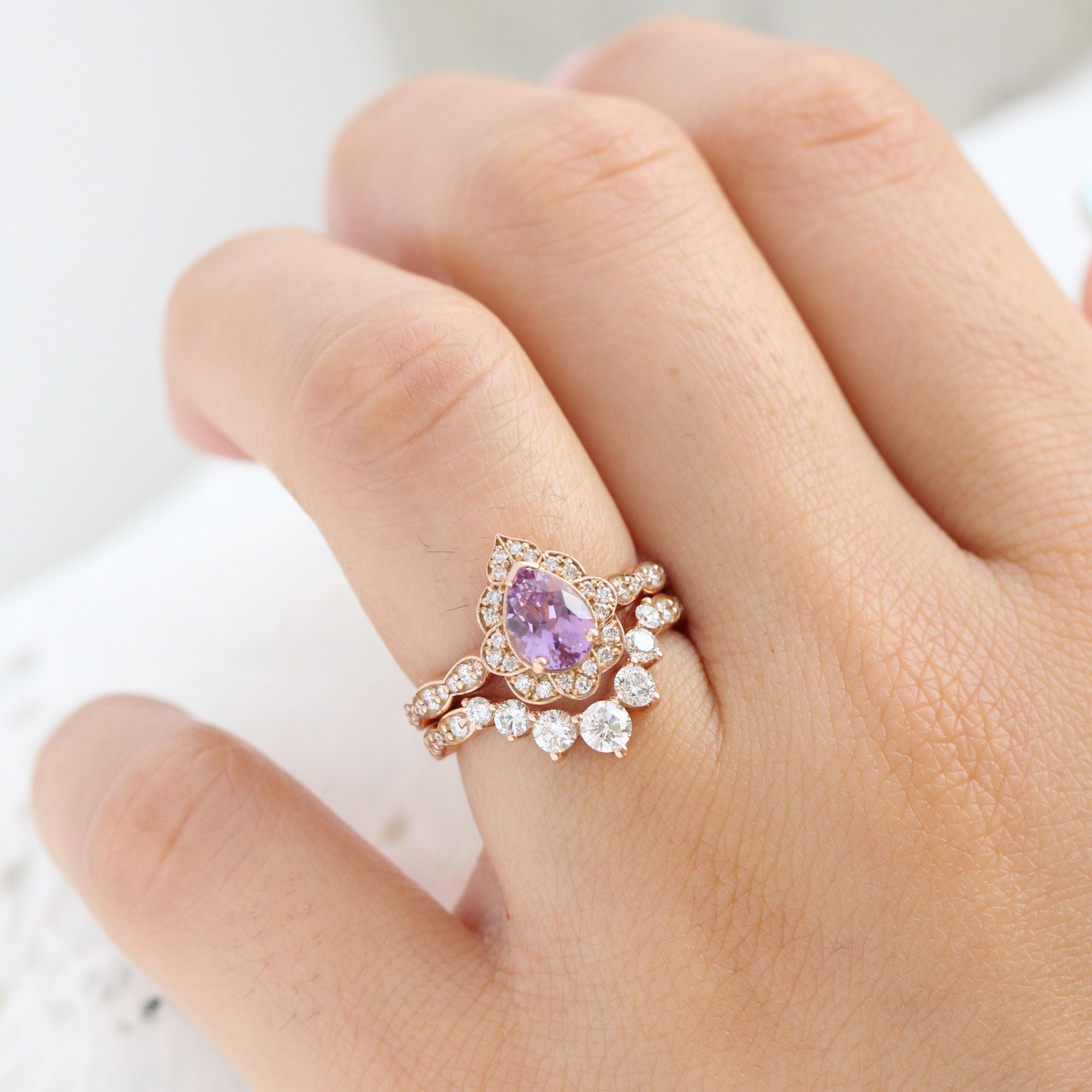 pear purple lavender sapphire ring rose gold vintage halo diamond ring la more design jewelry