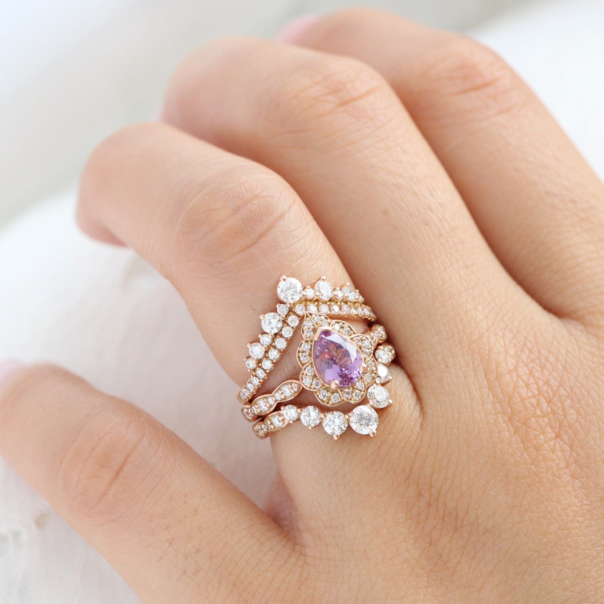 pear purple lavender sapphire ring rose gold vintage halo diamond ring la more design jewelry