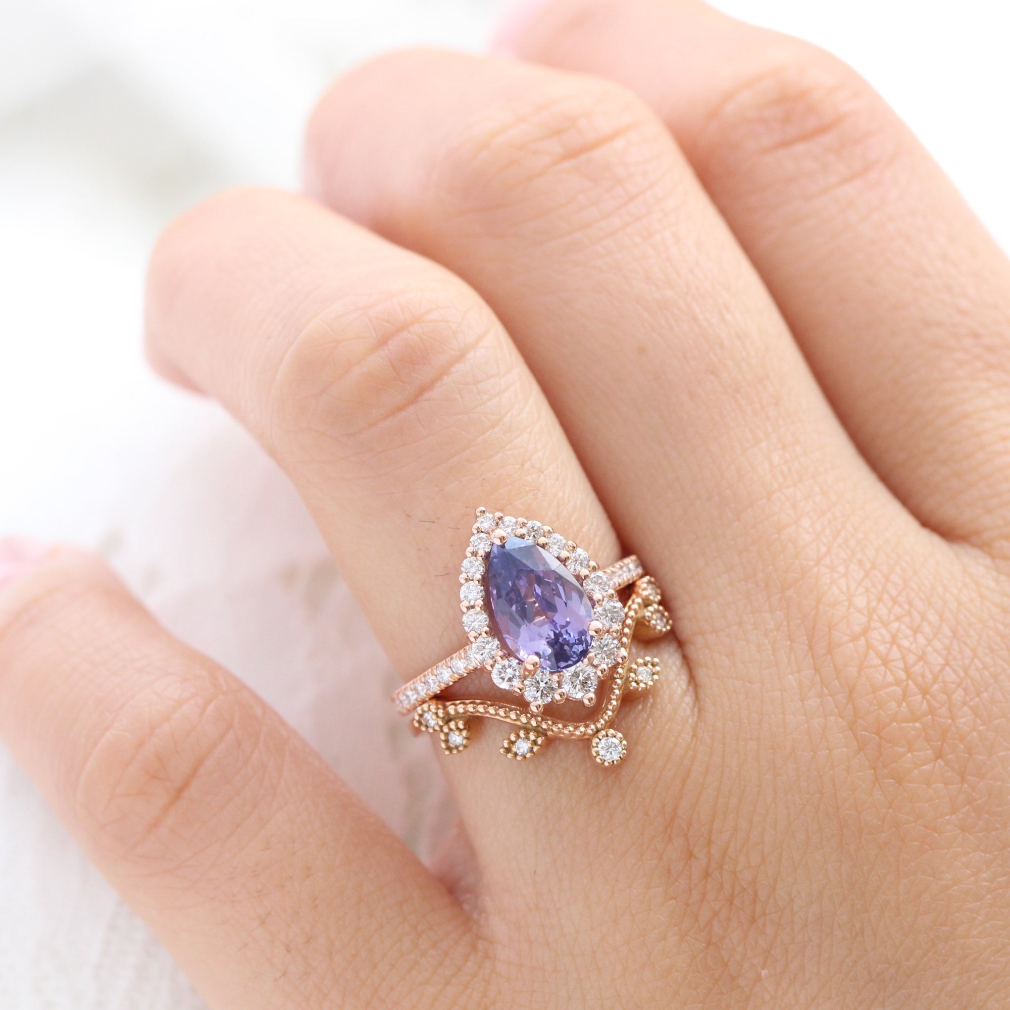 pear purple sapphire ring rose gold halo diamond ring pave diamond band la more design jewelry