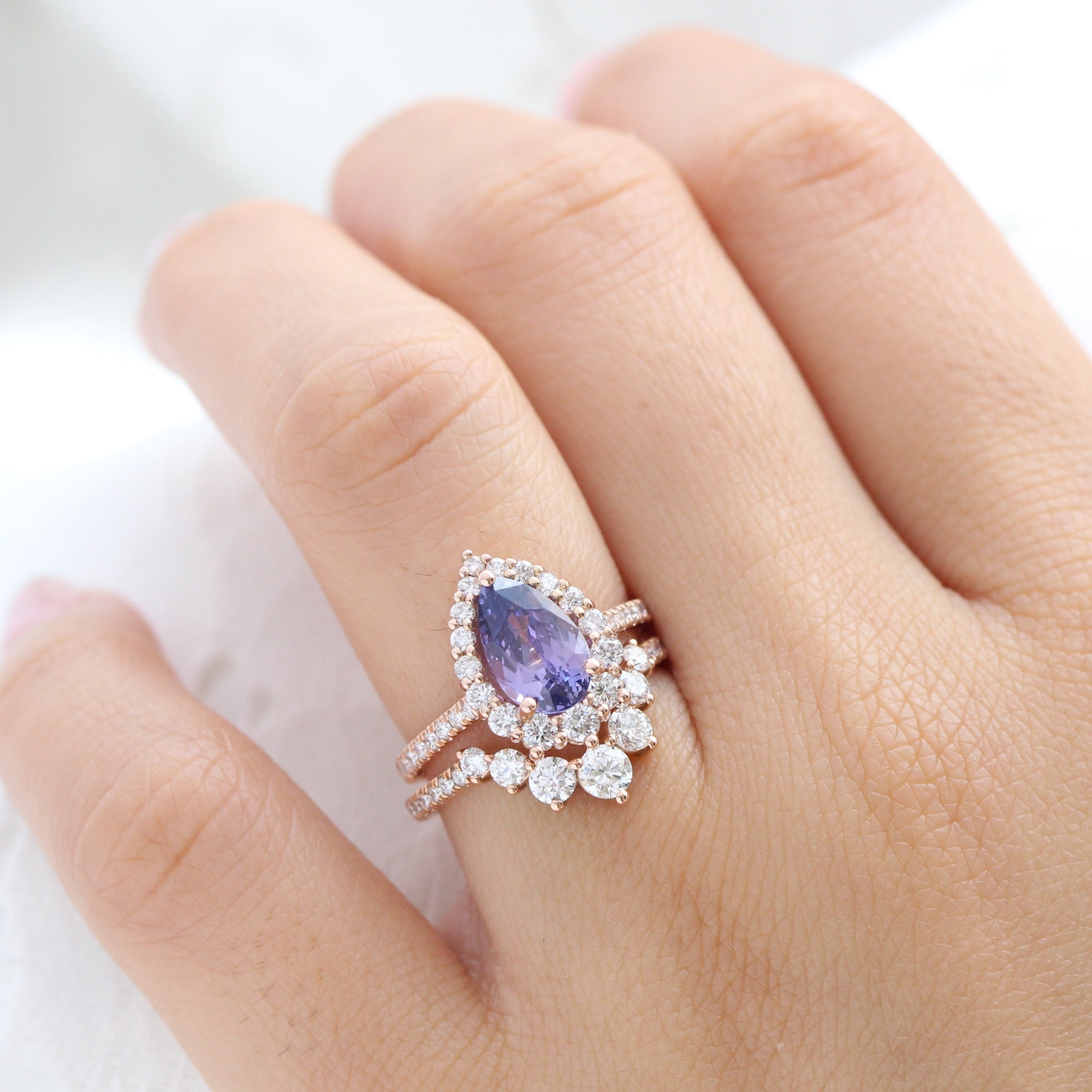 Large Purple Sapphire Diamond Ring Rose Gold Halo Pear Engagement