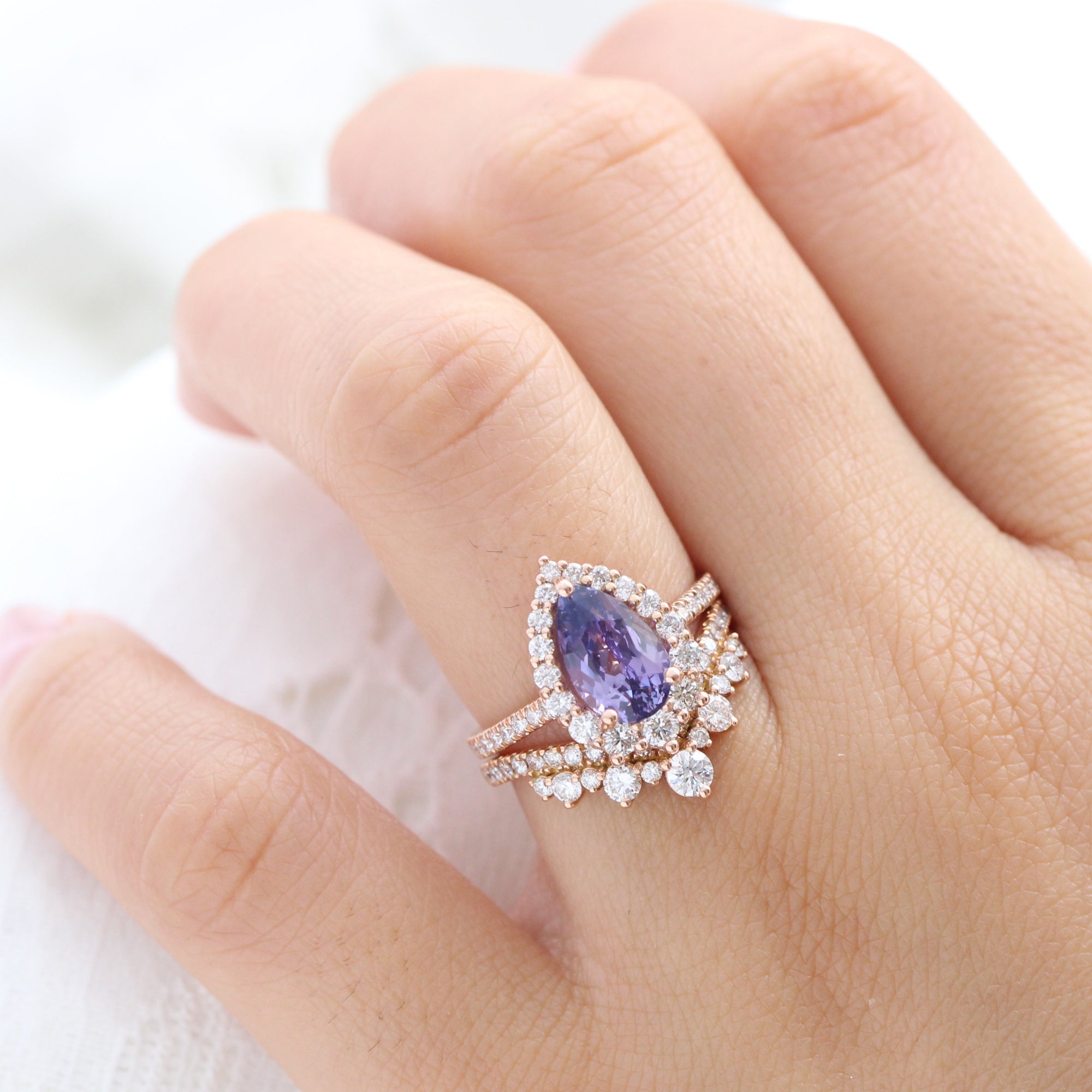 pear purple sapphire ring rose gold halo diamond ring pave diamond band la more design jewelry