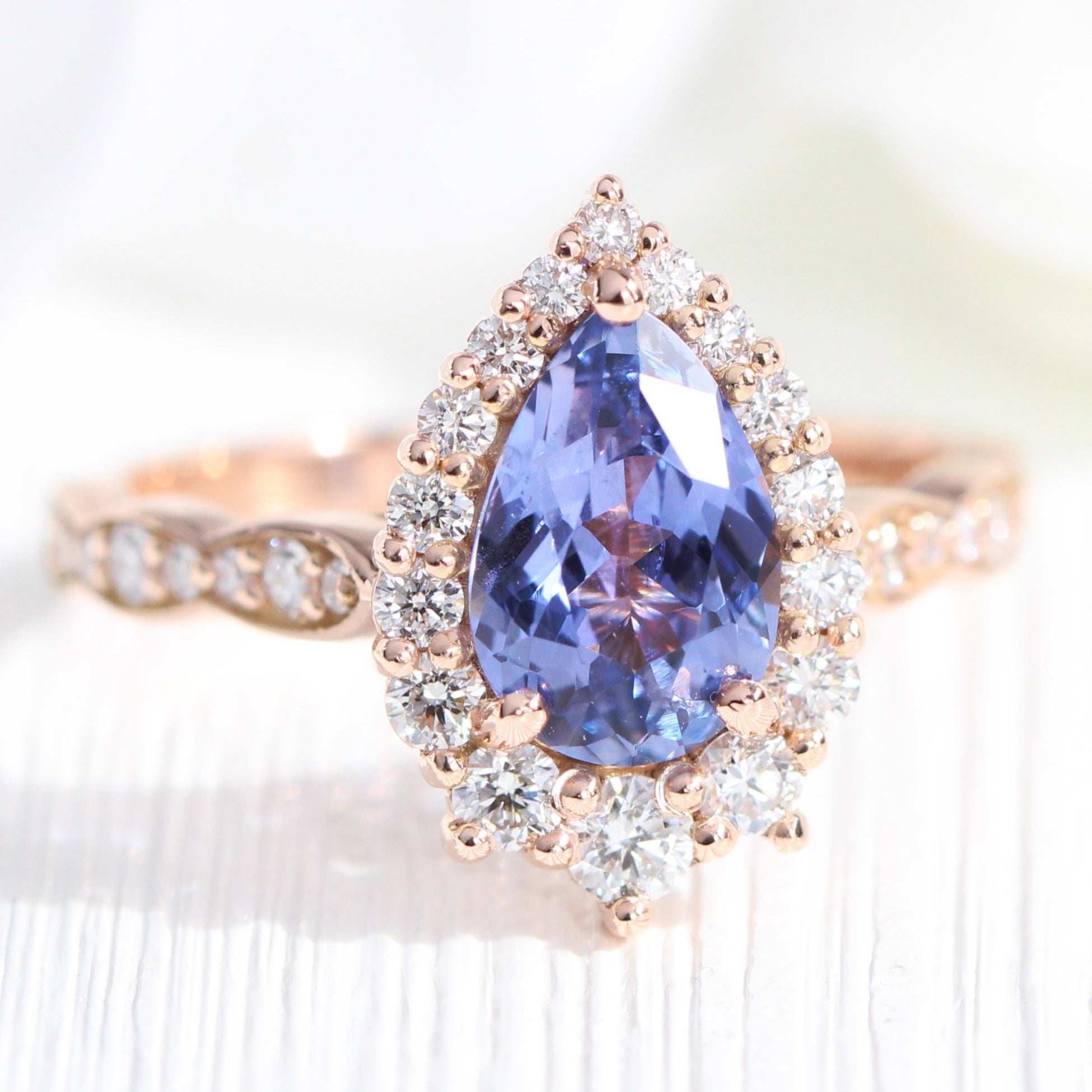 pear purple sapphire ring rose gold halo diamond ring scalloped diamond band la more design jewelry