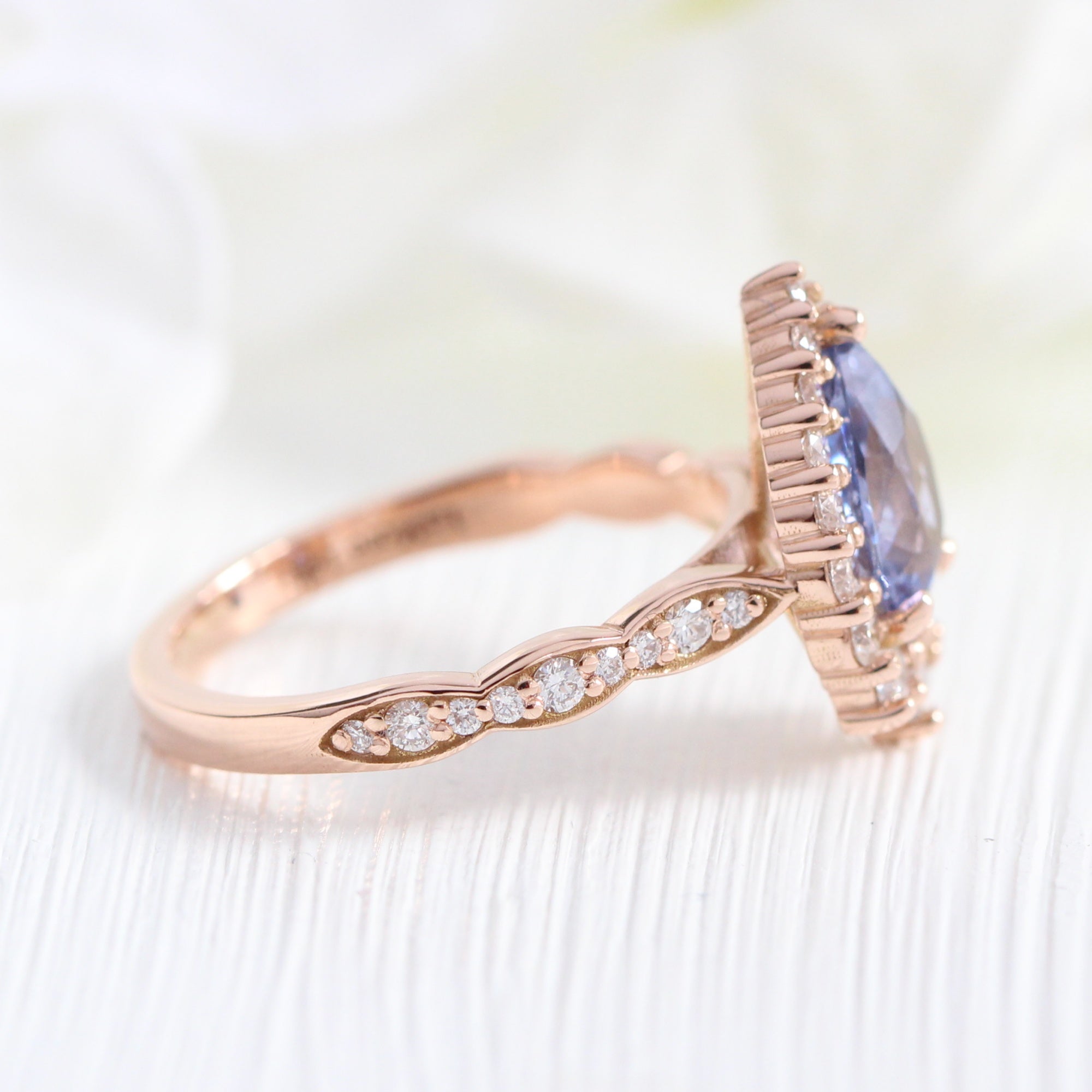 pear purple sapphire ring rose gold halo diamond ring scalloped diamond band la more design jewelry