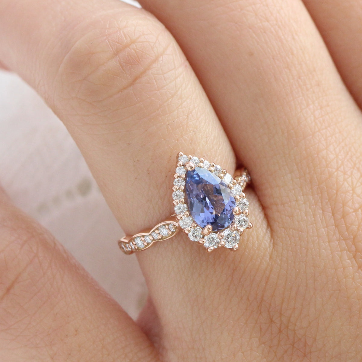 pear purple sapphire ring rose gold halo diamond ring scalloped diamond band la more design jewelry