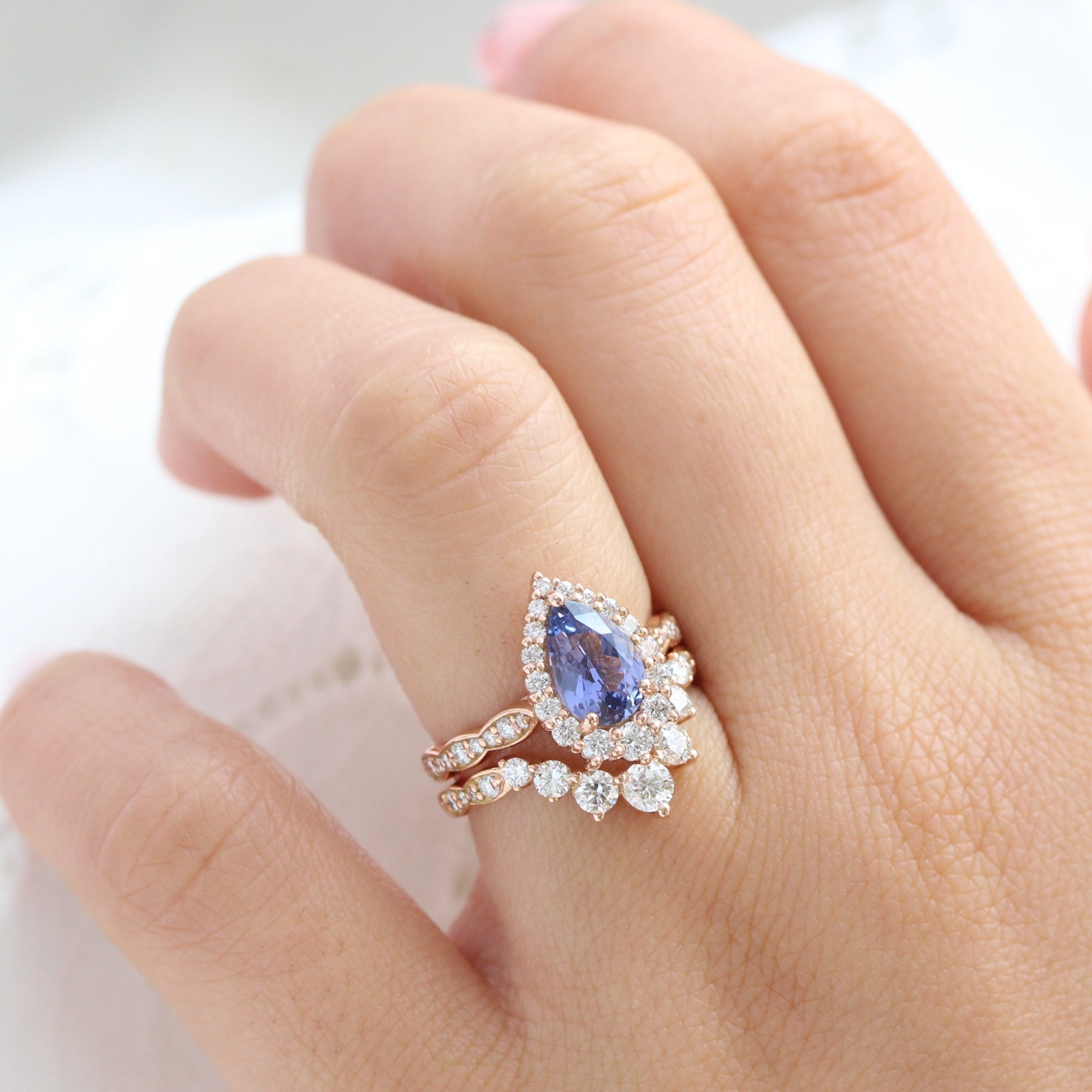pear purple sapphire ring rose gold halo diamond ring scalloped diamond band la more design jewelry