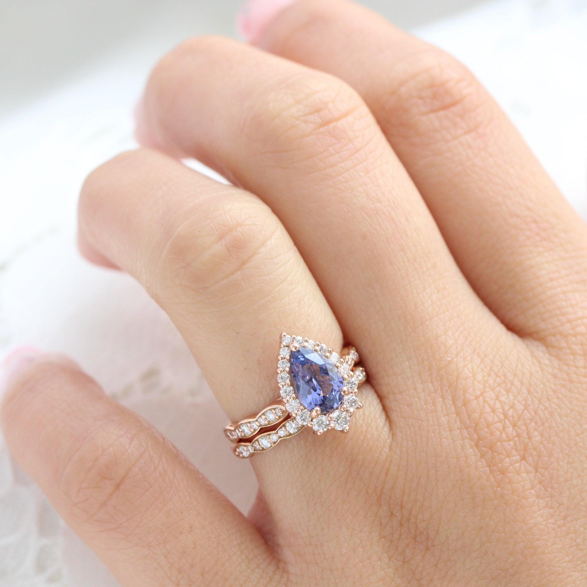 pear purple sapphire ring rose gold halo diamond ring scalloped diamond band la more design jewelry