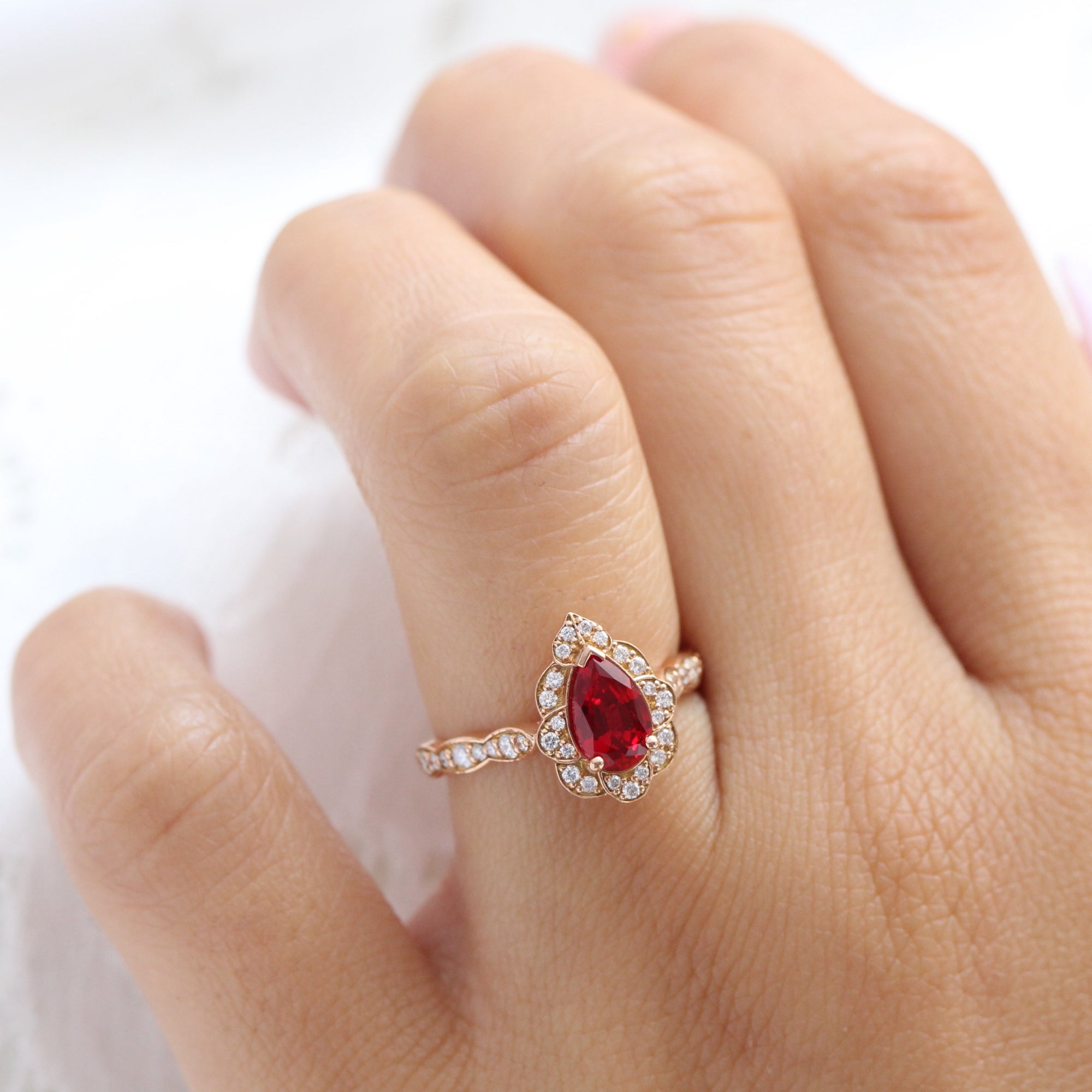 Vintage Floral Pear Engagement Ring w Ruby and Diamond in Scalloped Band