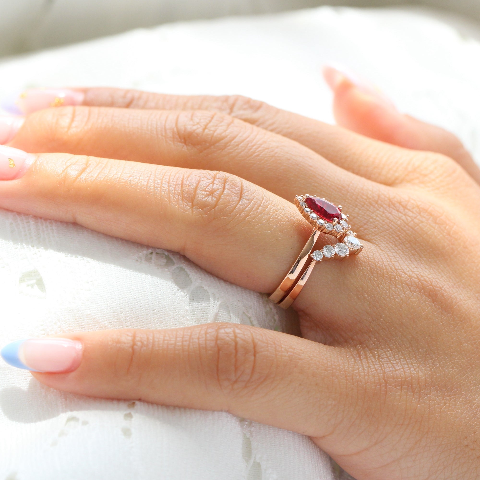 pear ruby ring stack rose gold curved diamond wedding band set la more design jewelry