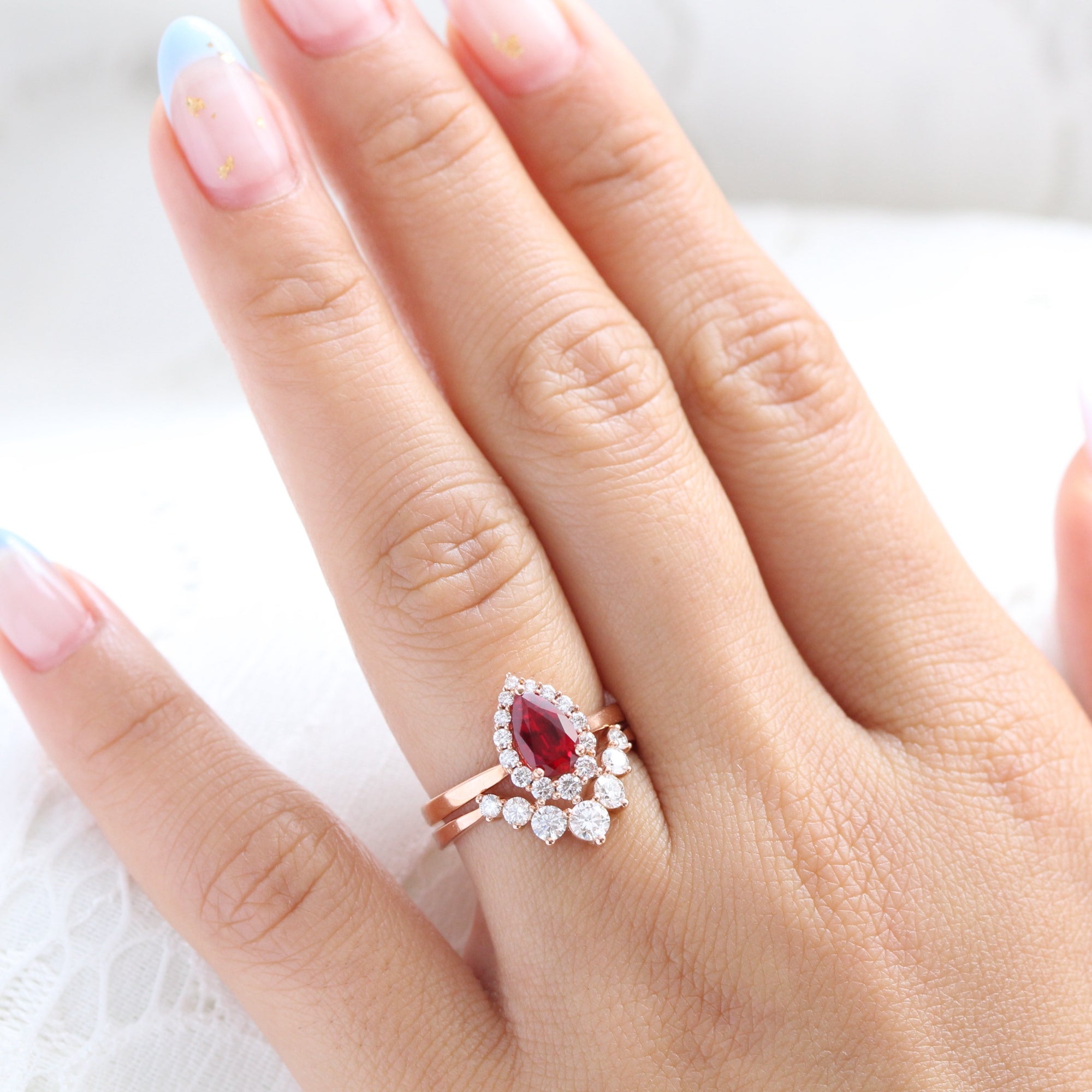 pear ruby ring stack rose gold curved diamond wedding band set la more design jewelry