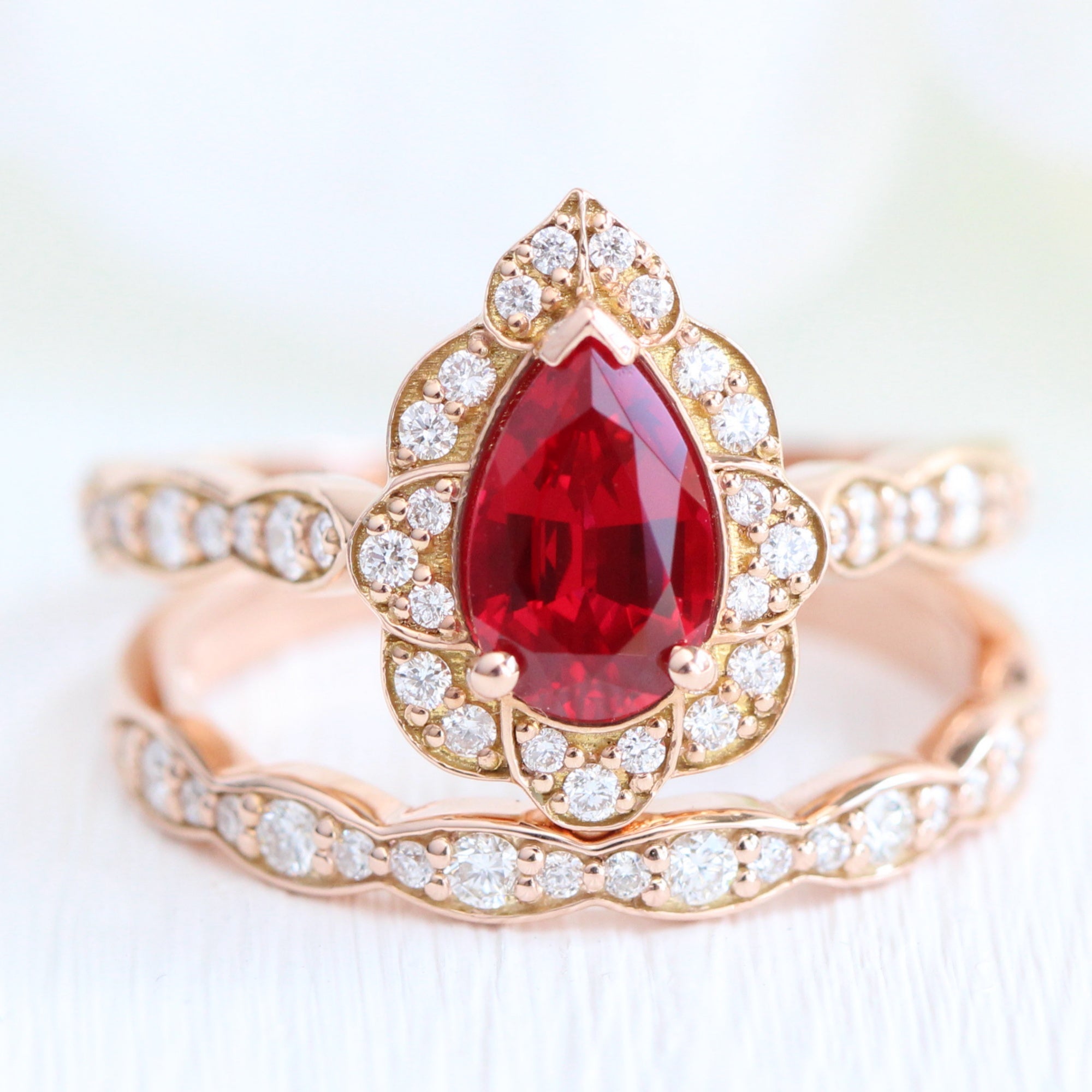 pear ruby ring stack rose gold vintage halo diamond ruby ring set la more design jewelry-3