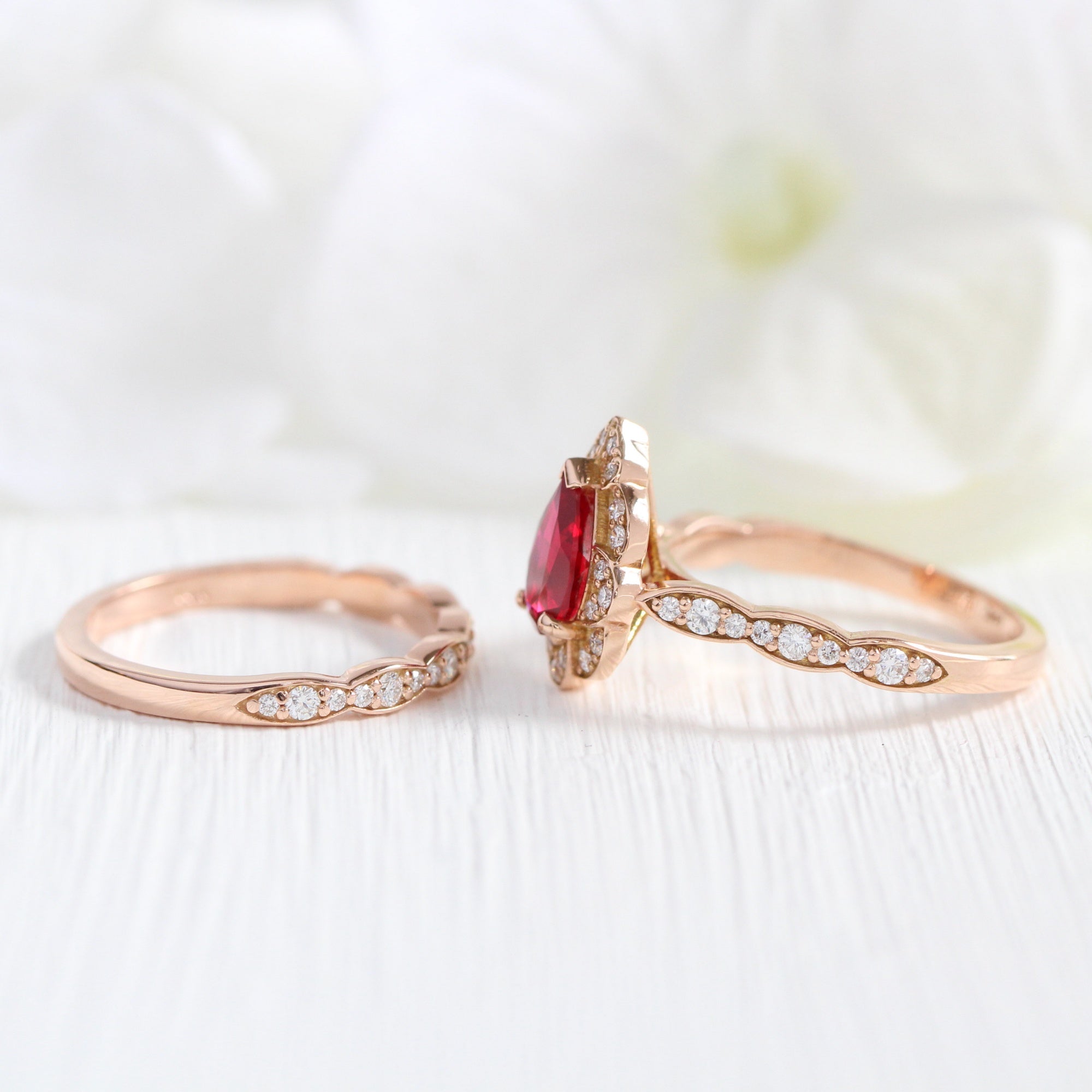 pear ruby ring stack rose gold vintage halo diamond ruby ring set la more design jewelry