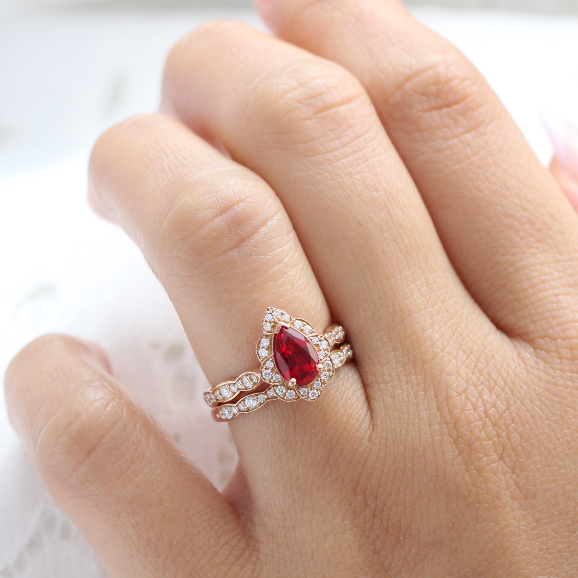 pear ruby ring stack rose gold vintage halo diamond ruby ring set la more design jewelry