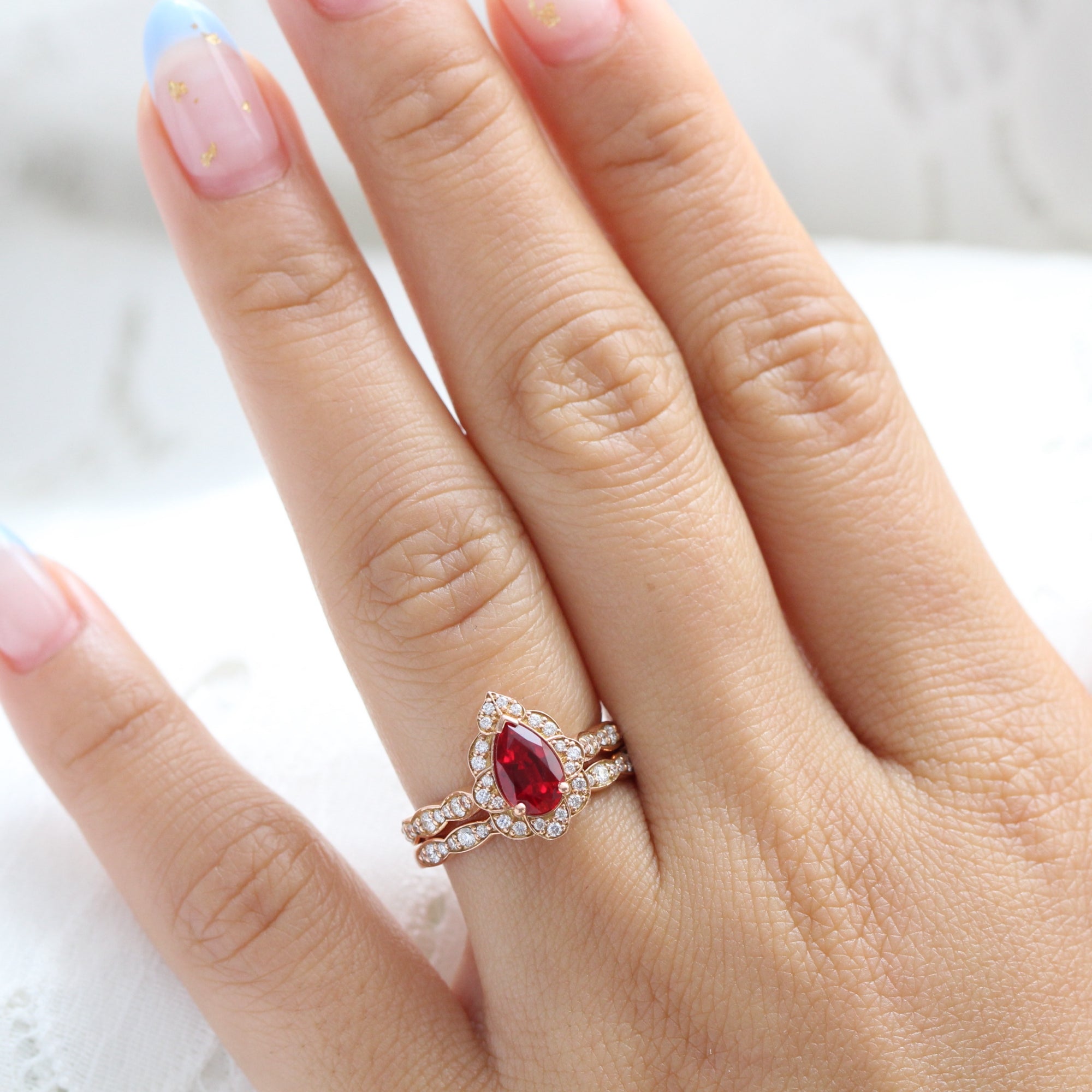 pear ruby ring stack rose gold vintage halo diamond ruby ring set la more design jewelry-