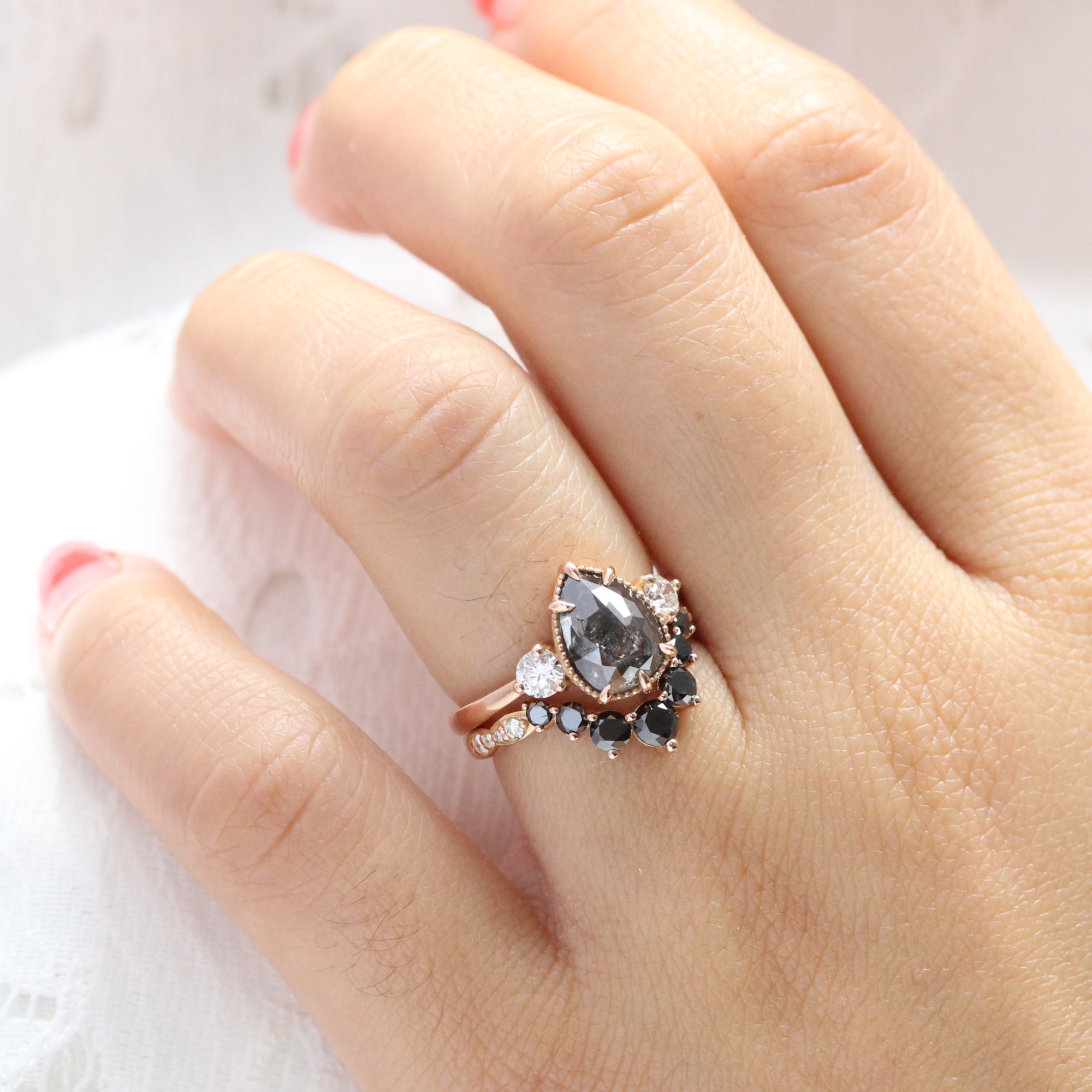 pear salt and pepper diamond ring rose gold 3 stone diamond ring bridal set la more design jewelry