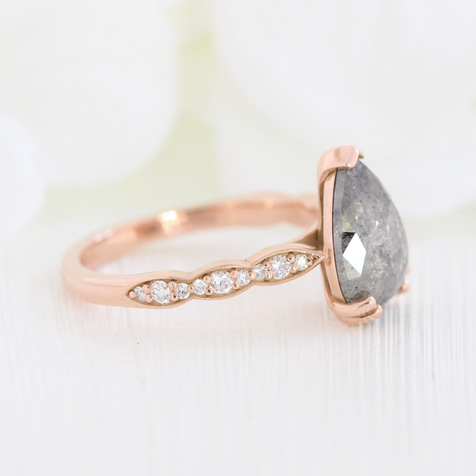 pear salt and pepper diamond ring rose gold pear solitaire grey diamond ring la more design jewelry