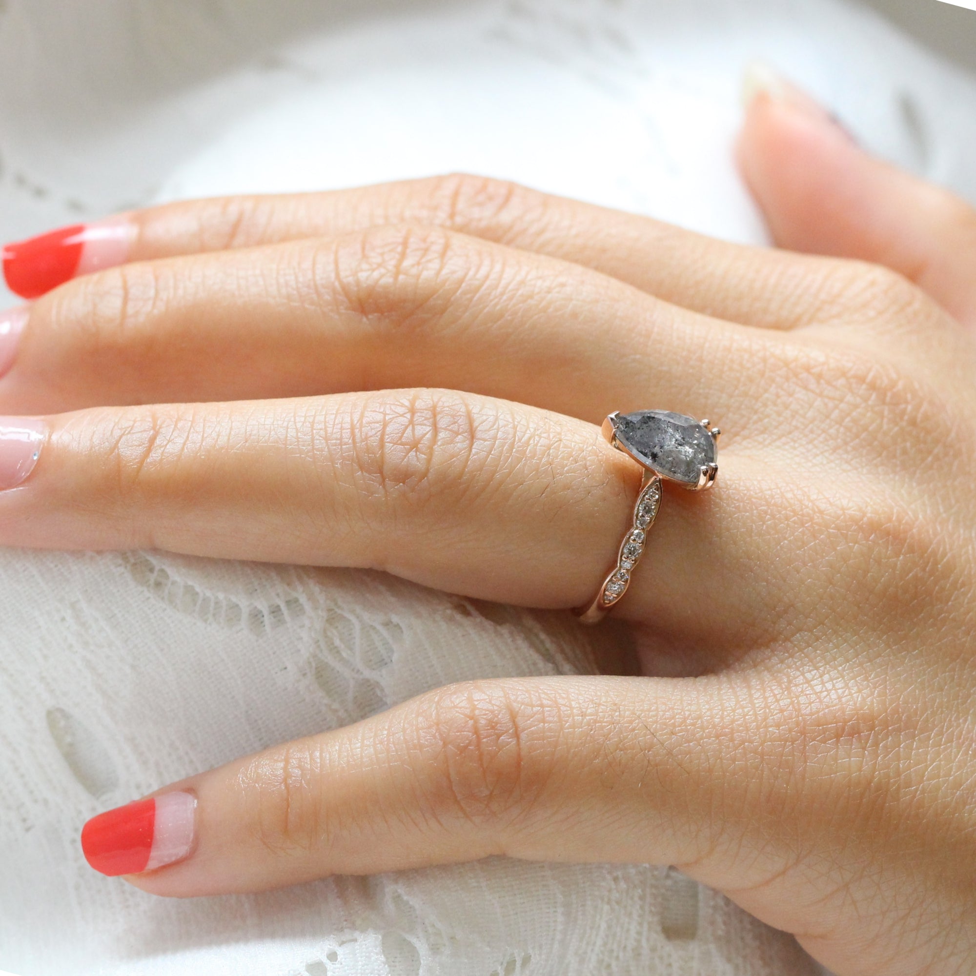 pear salt and pepper diamond ring rose gold pear solitaire grey diamond ring la more design jewelry