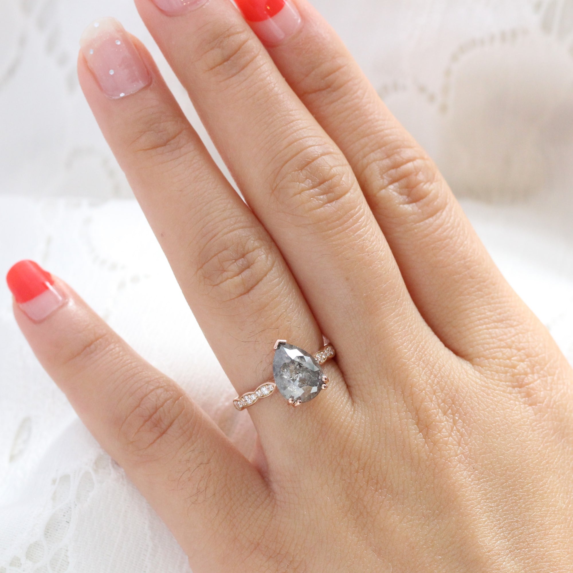 pear salt and pepper diamond ring rose gold pear solitaire grey diamond ring la more design jewelry