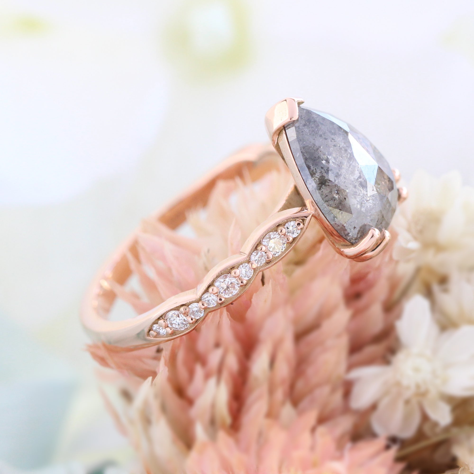 pear salt and pepper diamond ring rose gold pear solitaire grey diamond ring la more design jewelry