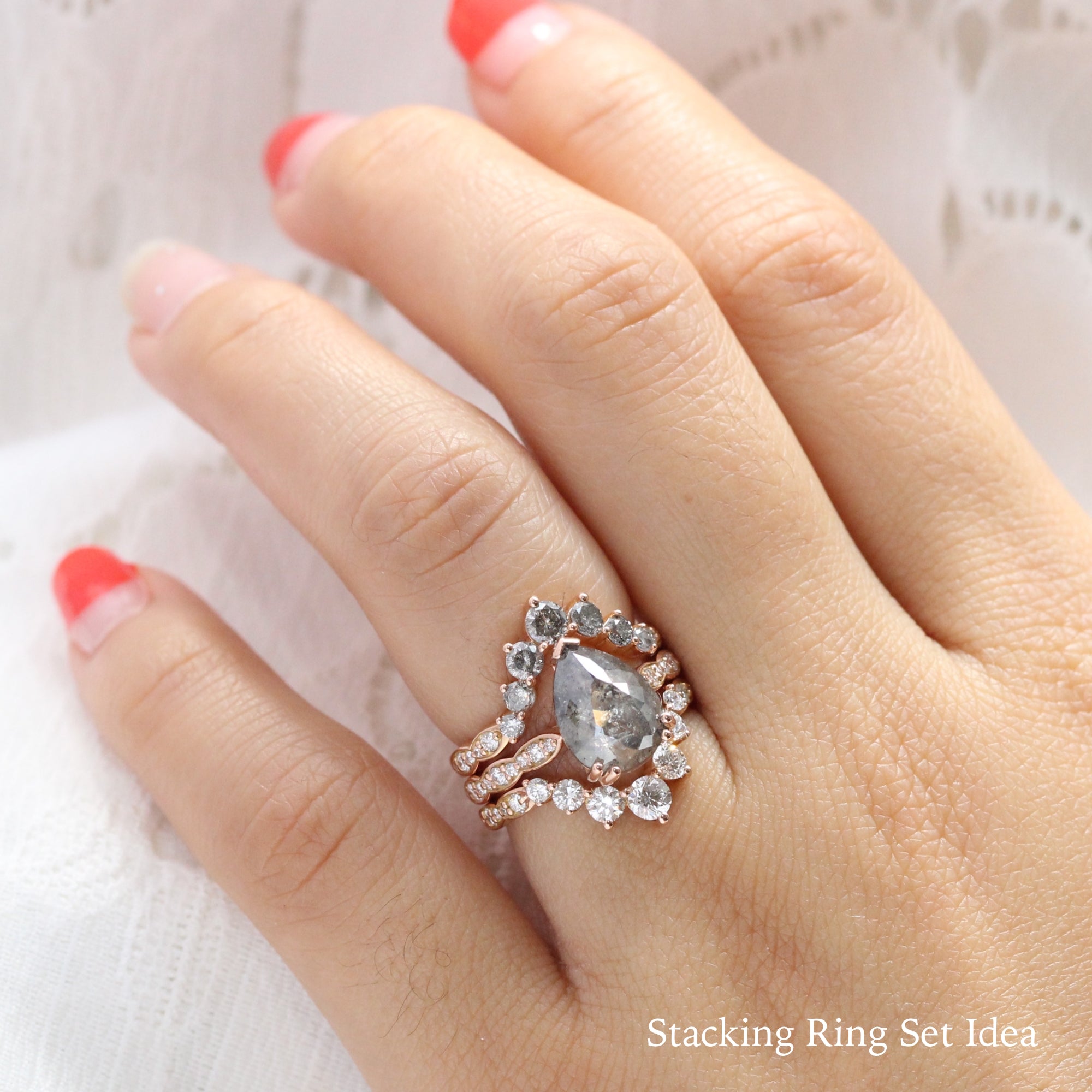 pear salt and pepper diamond ring rose gold pear solitaire grey diamond ring stacking bridal set ring la more design jewelry
