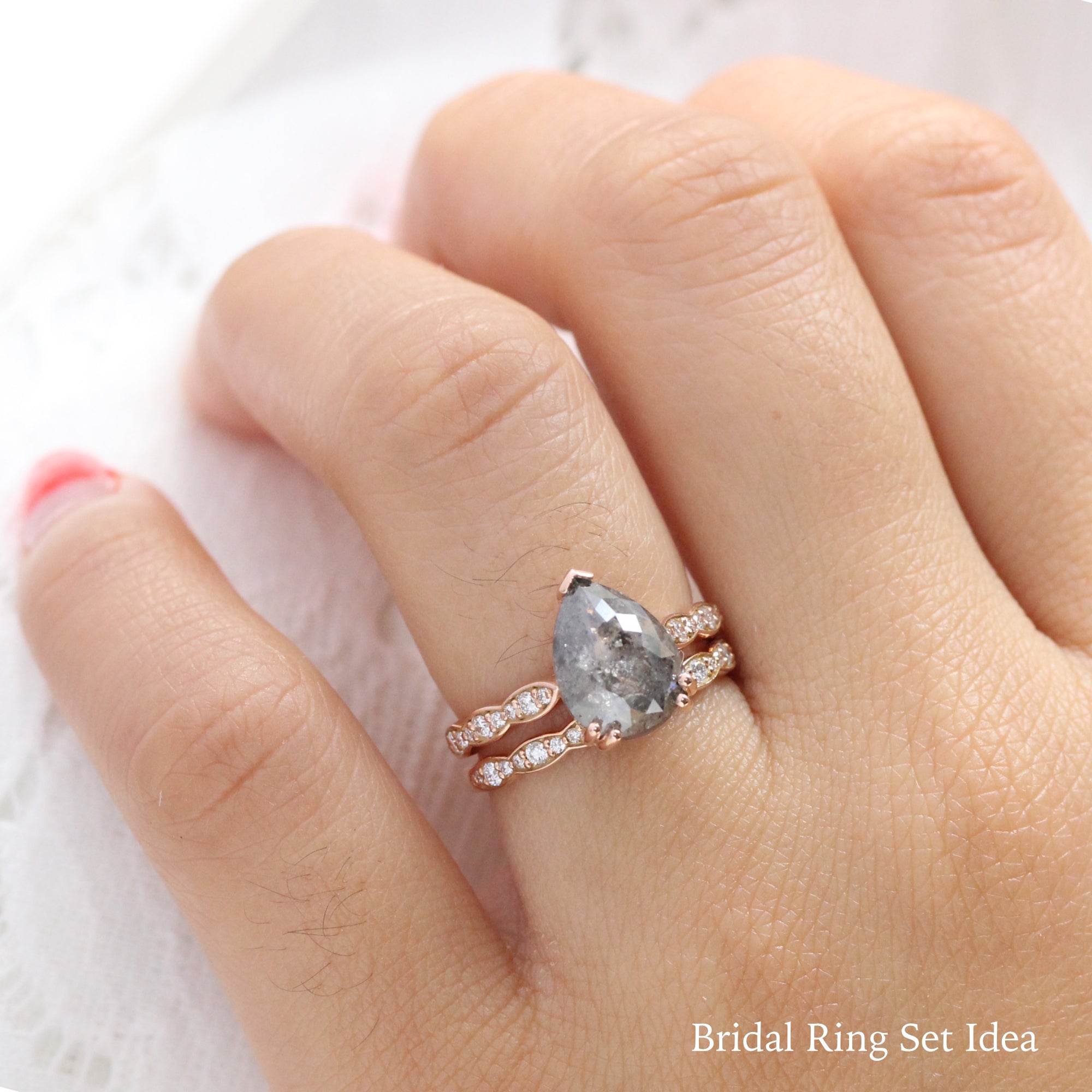 pear salt and pepper diamond ring rose gold pear solitaire grey diamond ring stacking bridal set ring la more design jewelry