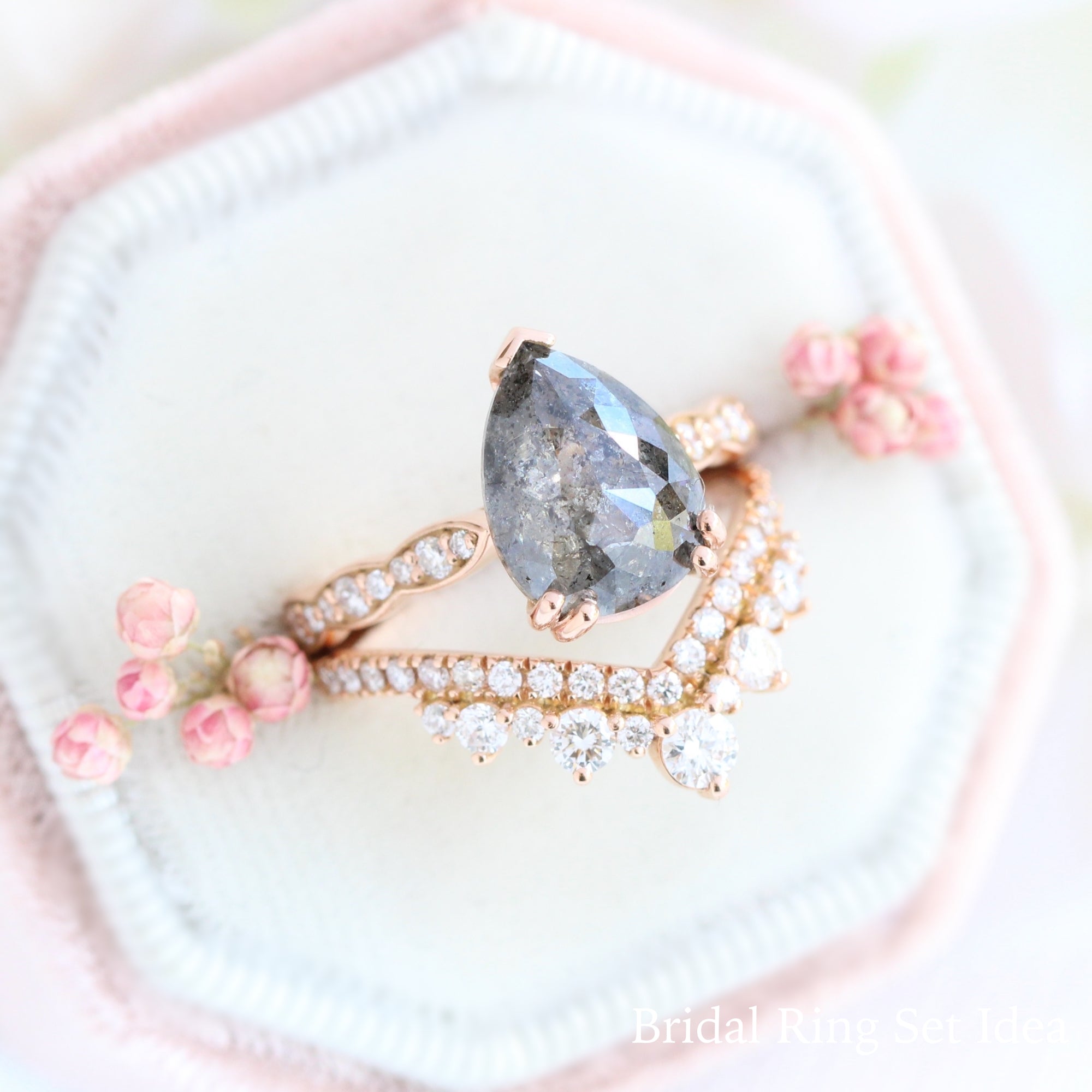 pear salt and pepper diamond ring rose gold pear solitaire grey diamond ring stacking bridal set ring la more design jewelry