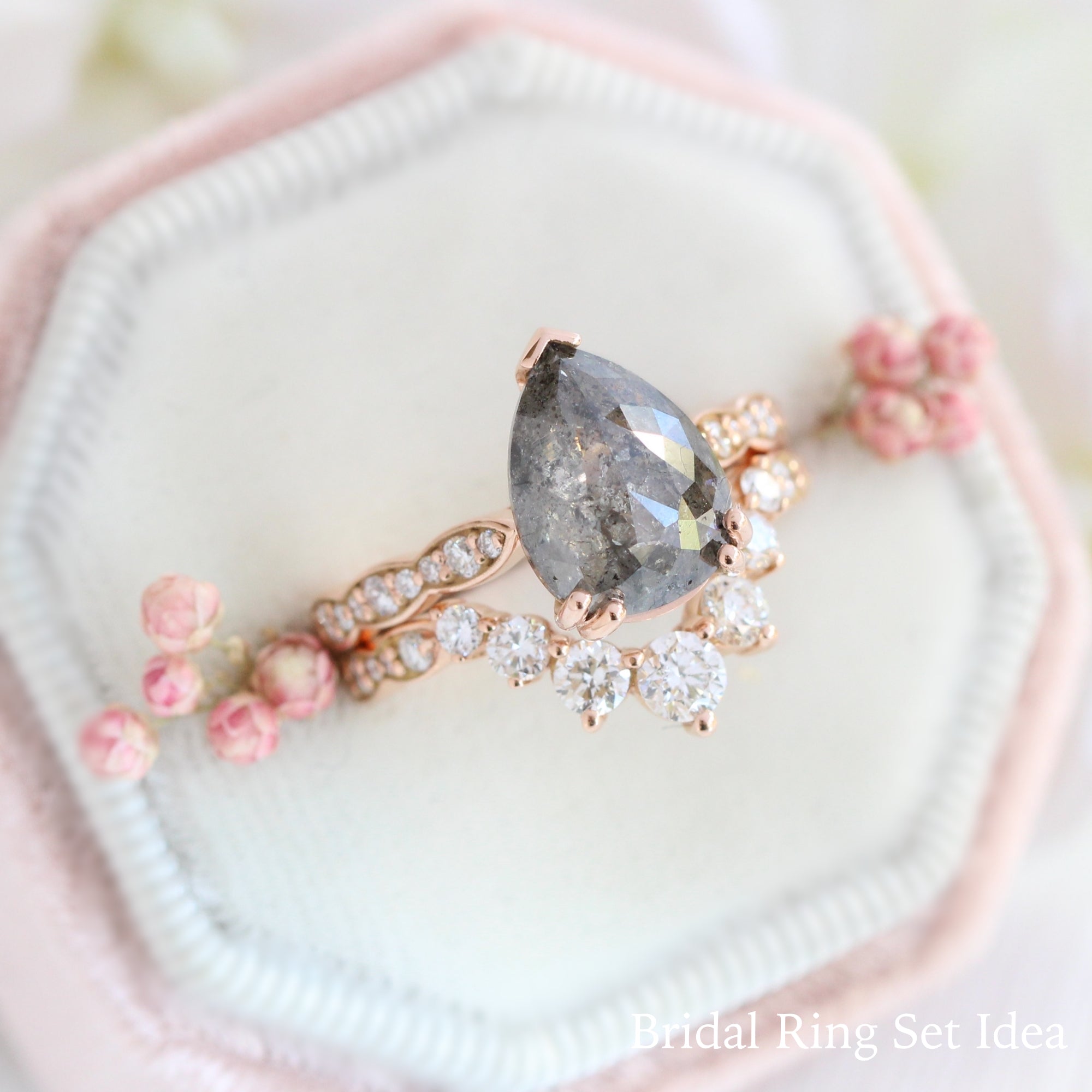 pear salt and pepper diamond ring rose gold pear solitaire grey diamond ring stacking bridal set ring la more design jewelry
