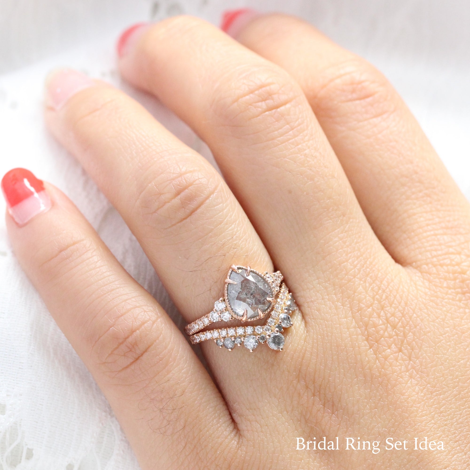 pear salt and pepper diamond ring rose gold vintage engagement ring grey diamond ring 3 stone bridal set la more design jewelry