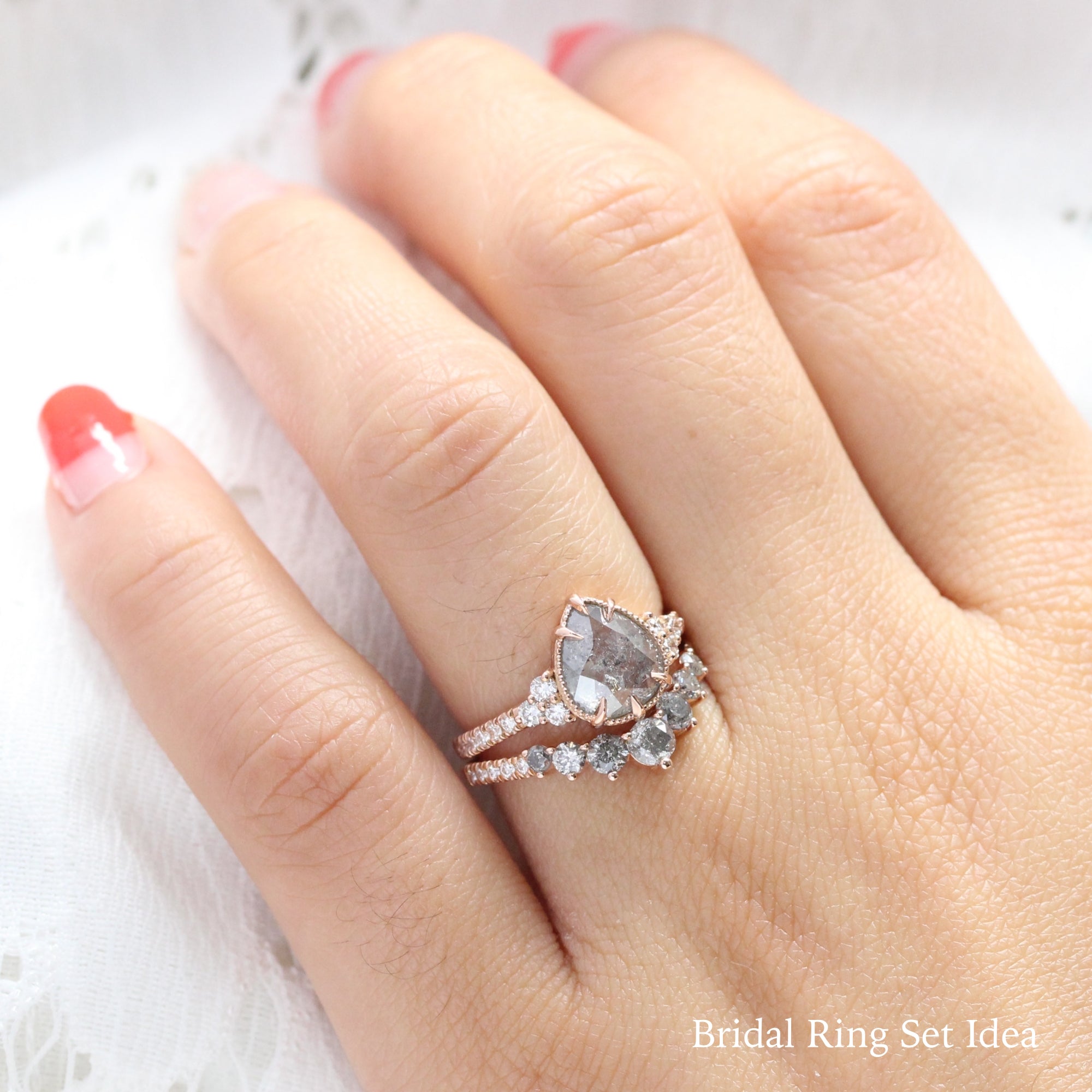 pear salt and pepper diamond ring rose gold vintage engagement ring grey diamond ring 3 stone bridal set la more design jewelry