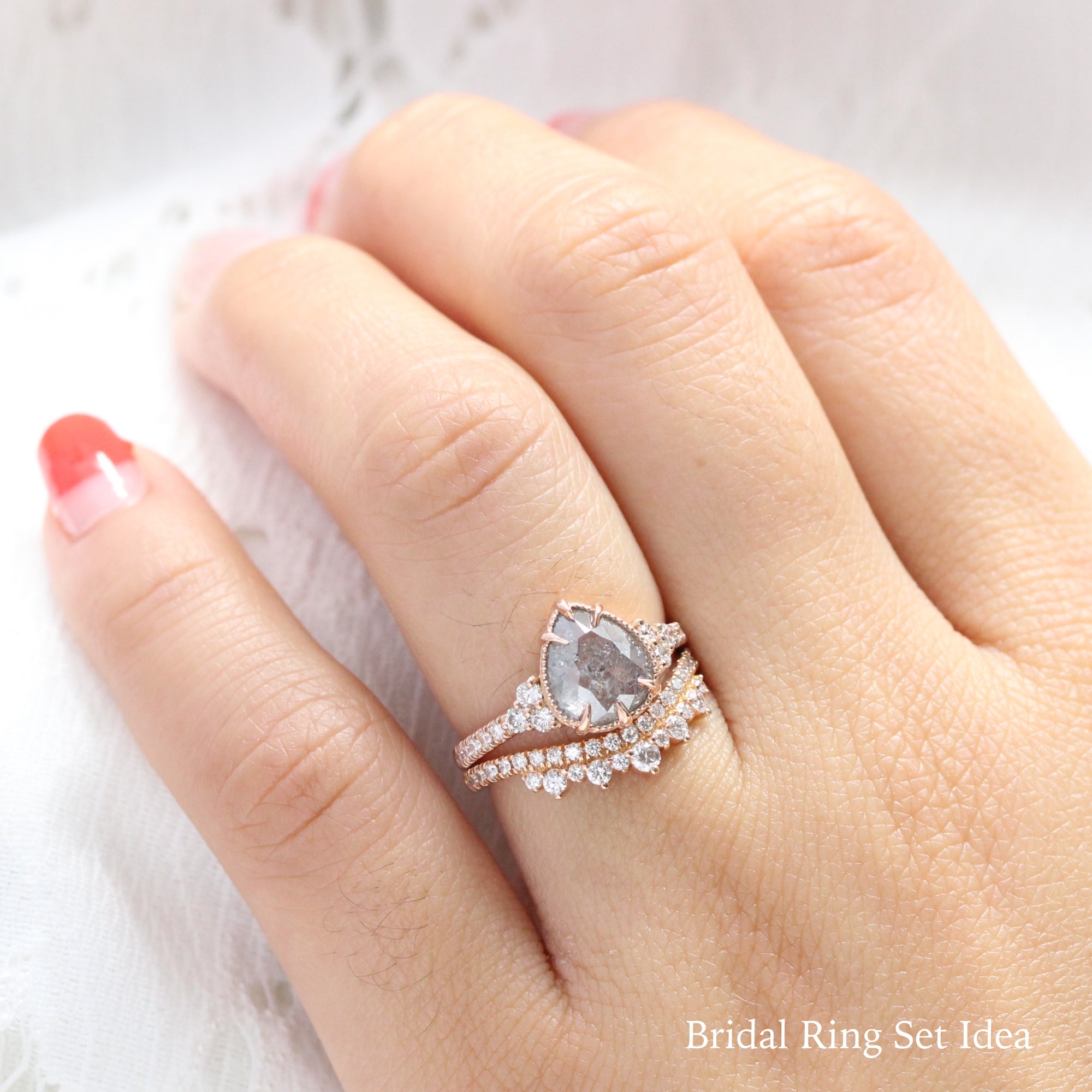 pear salt and pepper diamond ring rose gold vintage engagement ring grey diamond ring 3 stone bridal set la more design jewelry