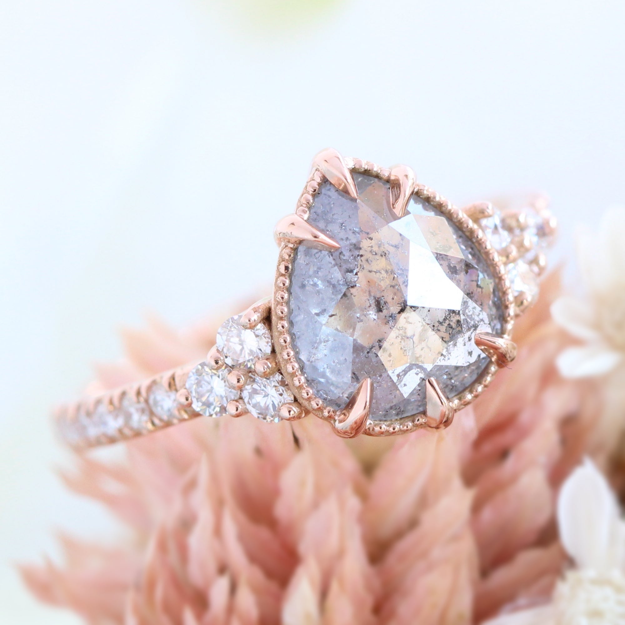 pear salt and pepper diamond ring rose gold vintage engagement ring grey diamond ring 3 stone ring la more design jewelry