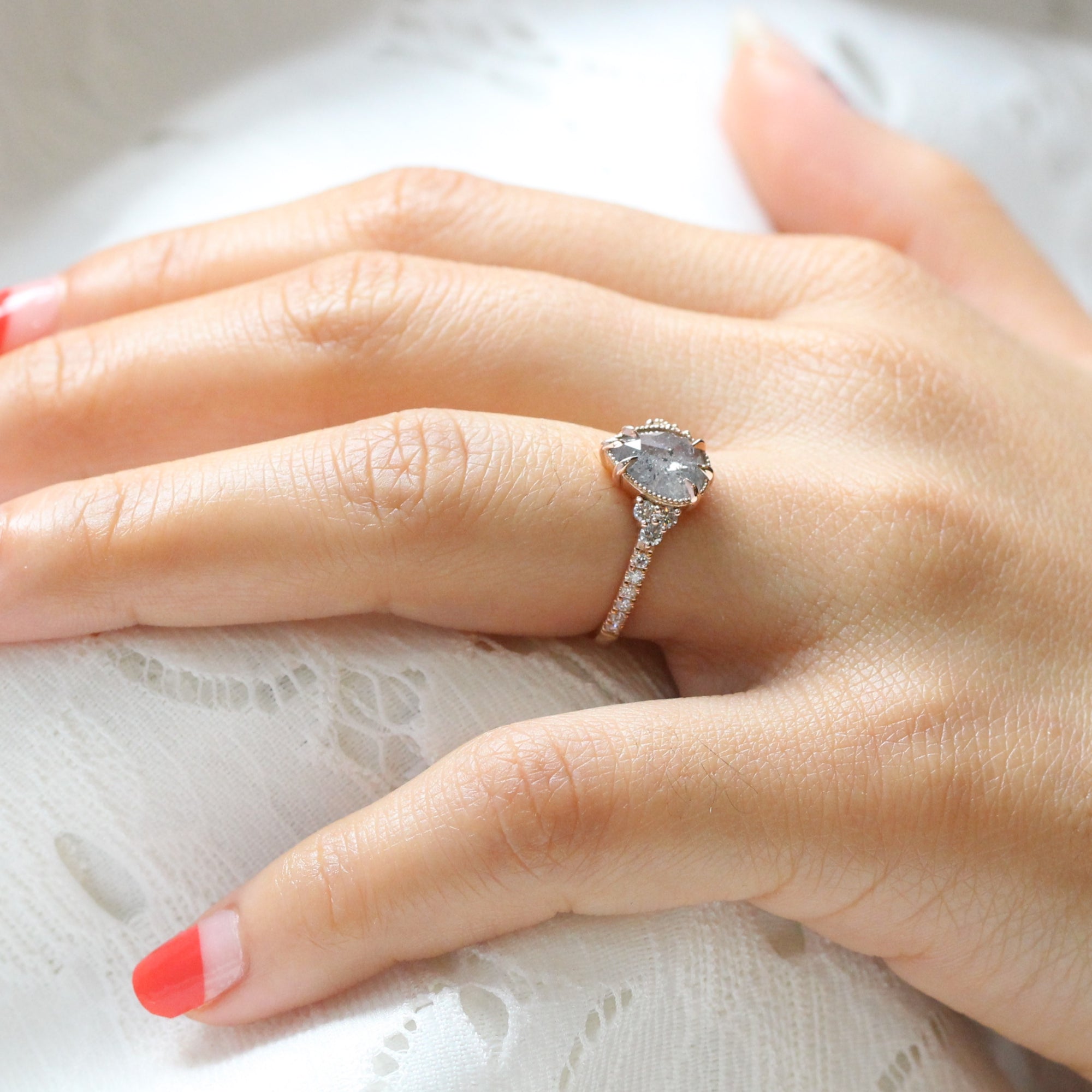 pear salt and pepper diamond ring rose gold vintage engagement ring grey diamond ring 3 stone ring la more design jewelry
