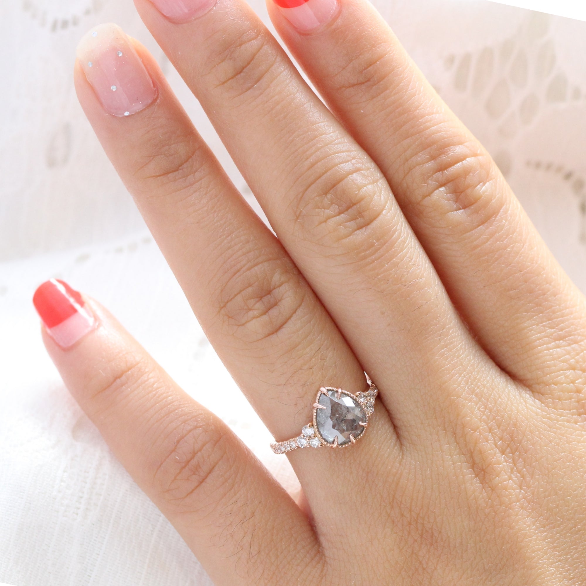 pear salt and pepper diamond ring rose gold vintage engagement ring grey diamond ring 3 stone ring la more design jewelry