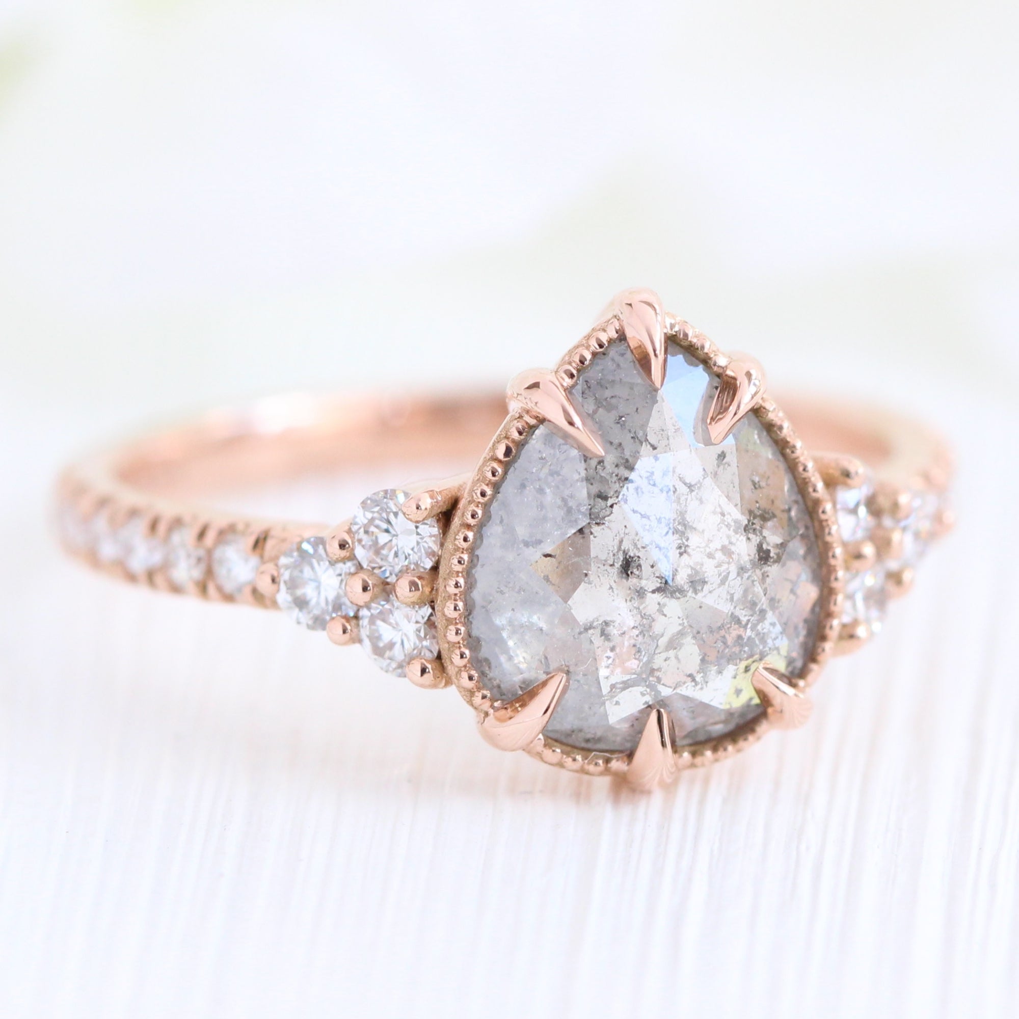 pear salt and pepper diamond ring rose gold vintage engagement ring grey diamond ring 3 stone ring la more design jewelry