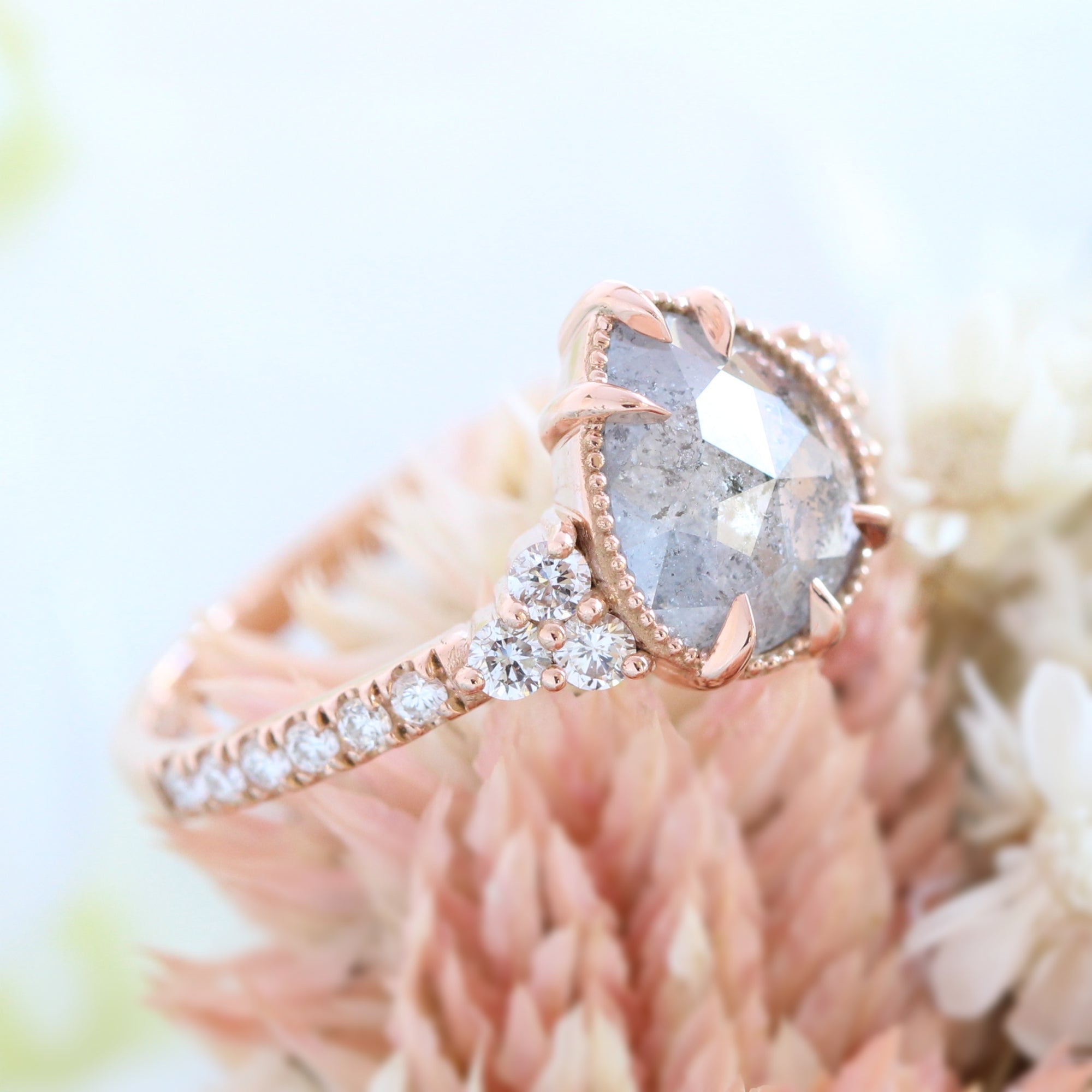 pear salt and pepper diamond ring rose gold vintage engagement ring grey diamond ring 3 stone ring la more design jewelry