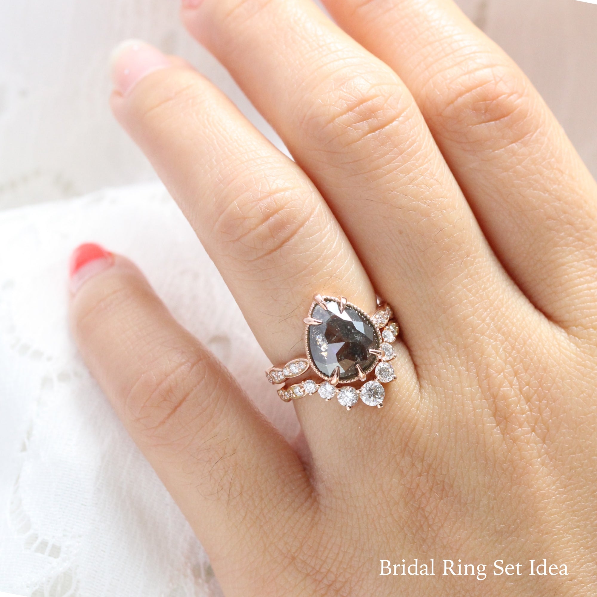 pear salt and pepper diamond ring rose gold vintage engagement ring grey diamond ring bridal set la more design jewelry
