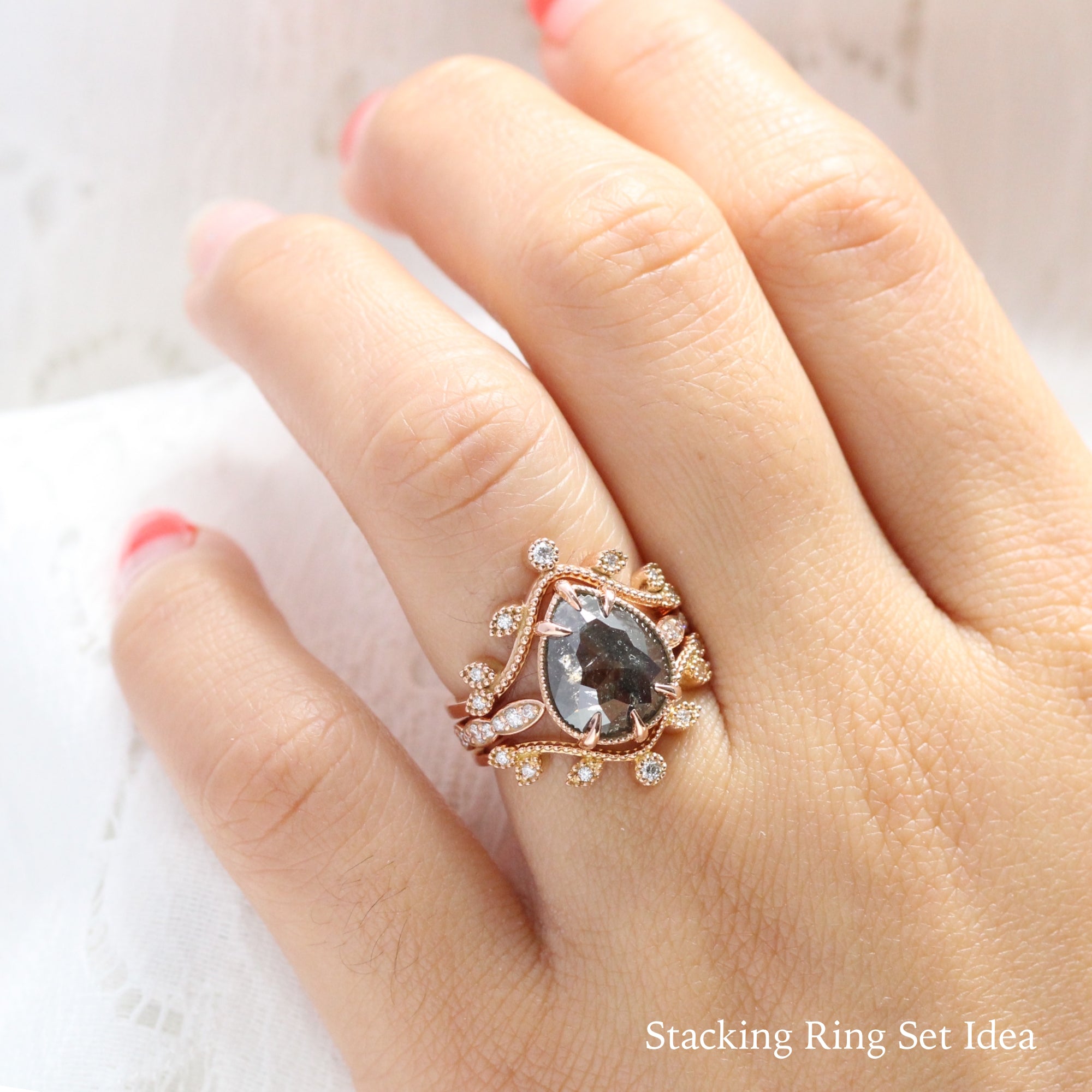 pear salt and pepper diamond ring rose gold vintage engagement ring grey diamond ring bridal set la more design jewelry
