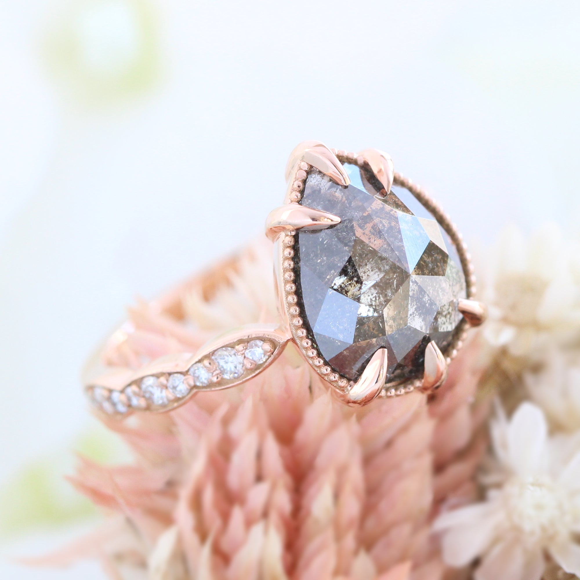 pear salt and pepper diamond ring rose gold vintage engagement ring grey diamond ring la more design jewelry