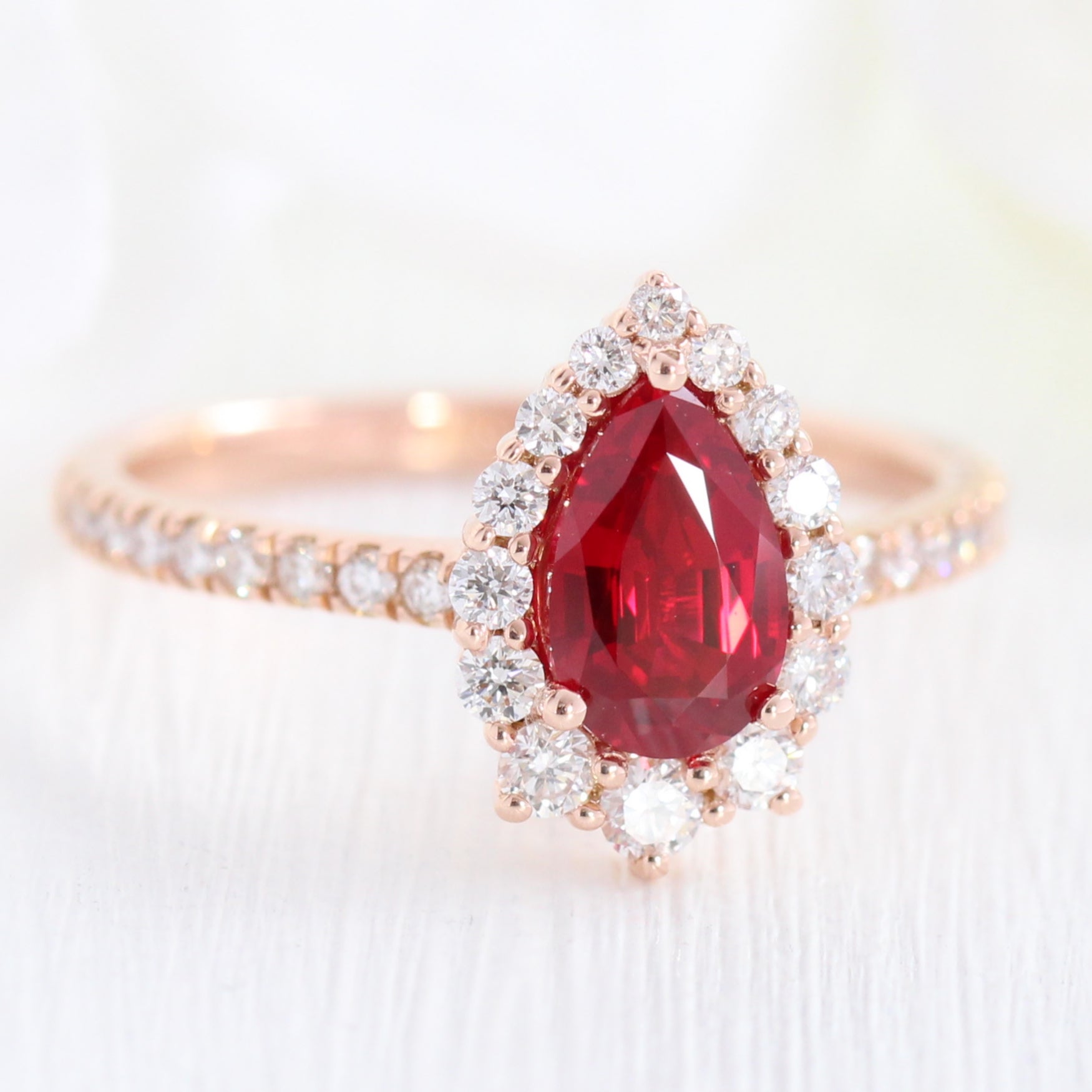 Pear Shaped Ruby Engagement Ring Rose Gold Halo Diamond Pave Ring | La ...