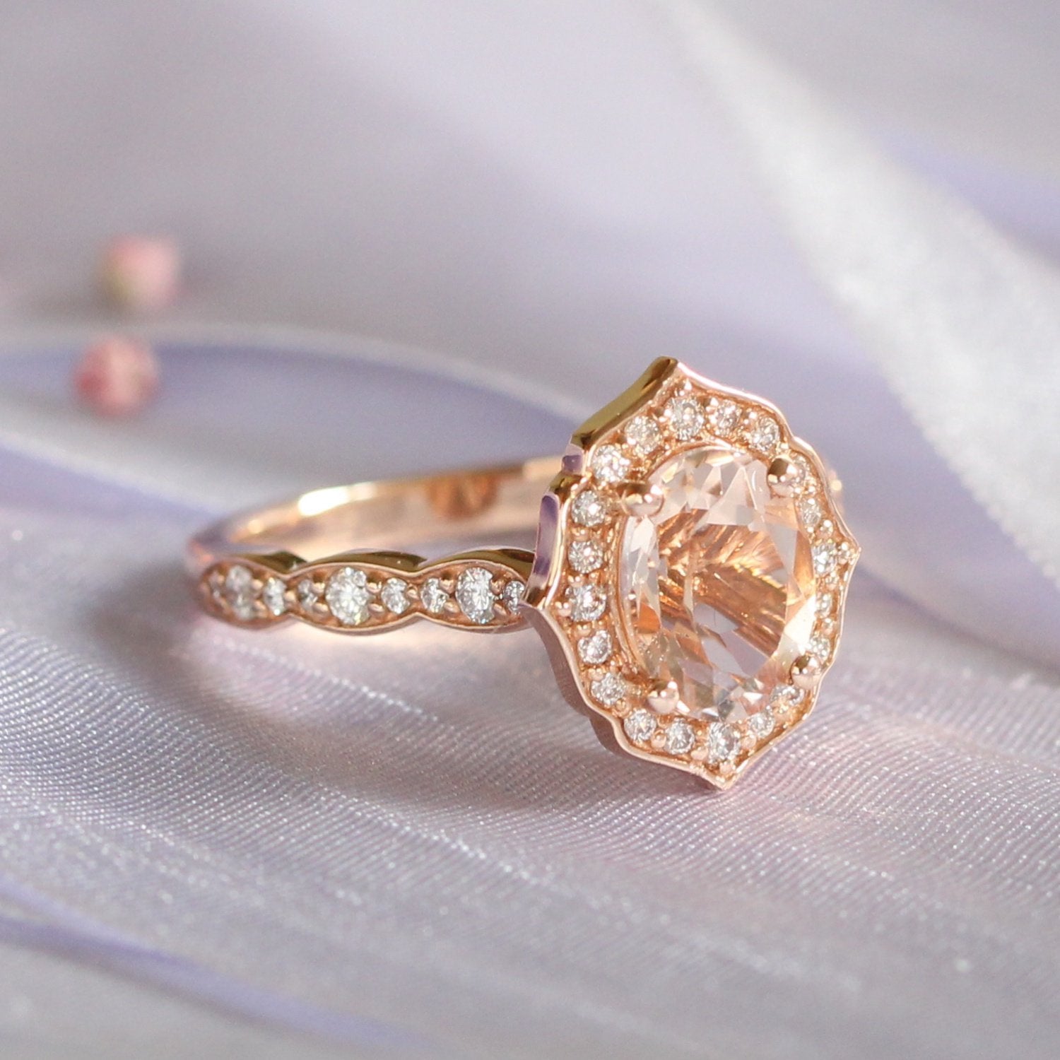 rose gold morganite ring oval engagement ring diamond scalloped band by la more designoval morganite engagement ring rose gold vintage halo diamond ring la more design jewelry 